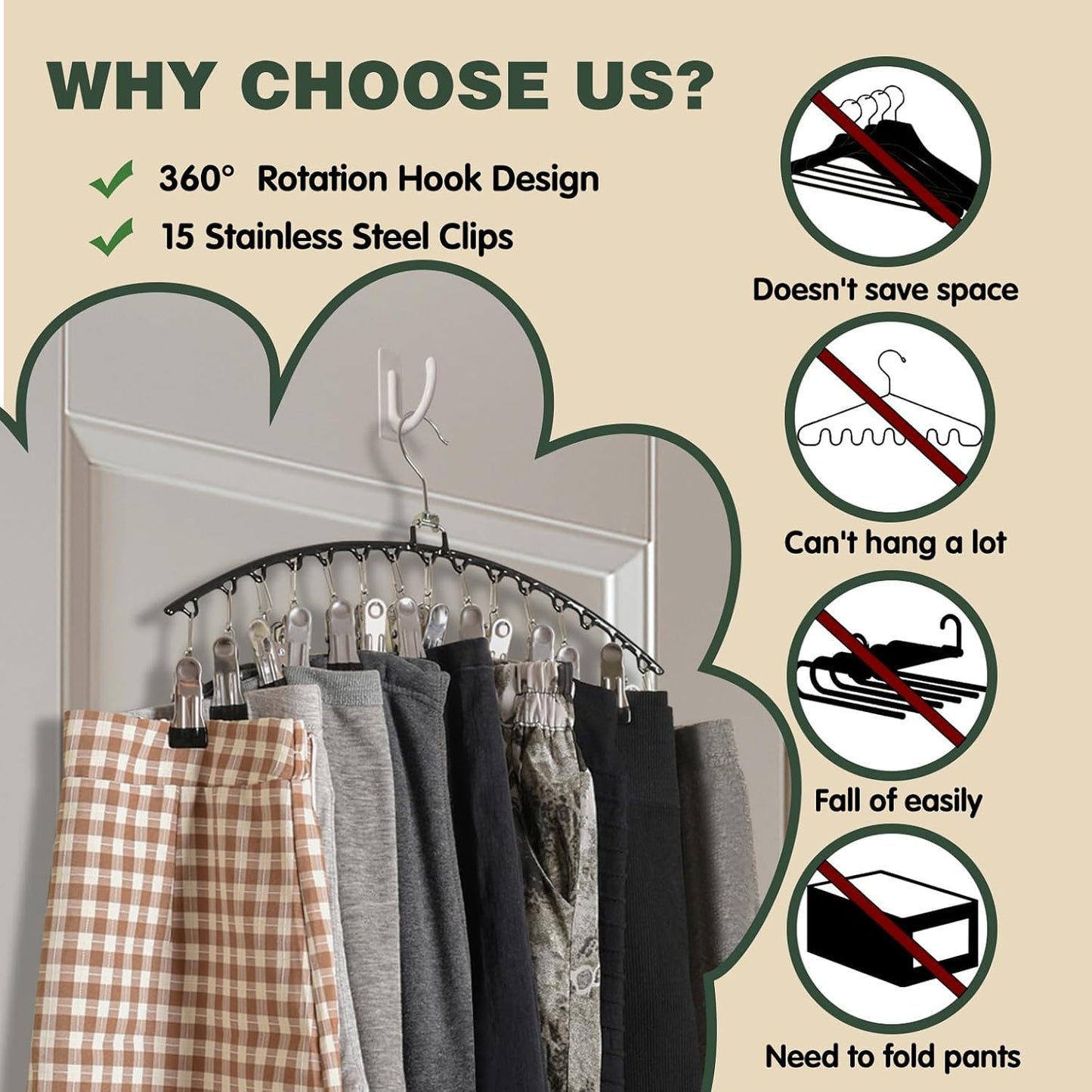 2 Pack Stainless Steel Pants Hangers with15 Non-Slip Clips