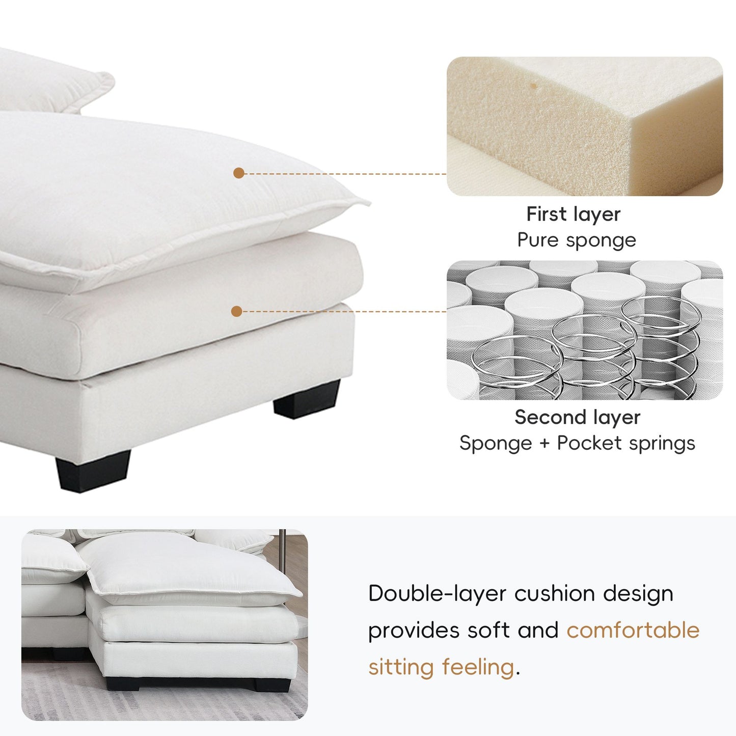 White Modern U-shaped Sectional Sofa with Waist Pillows,6-seat Upholstered Symmetrical Sofa