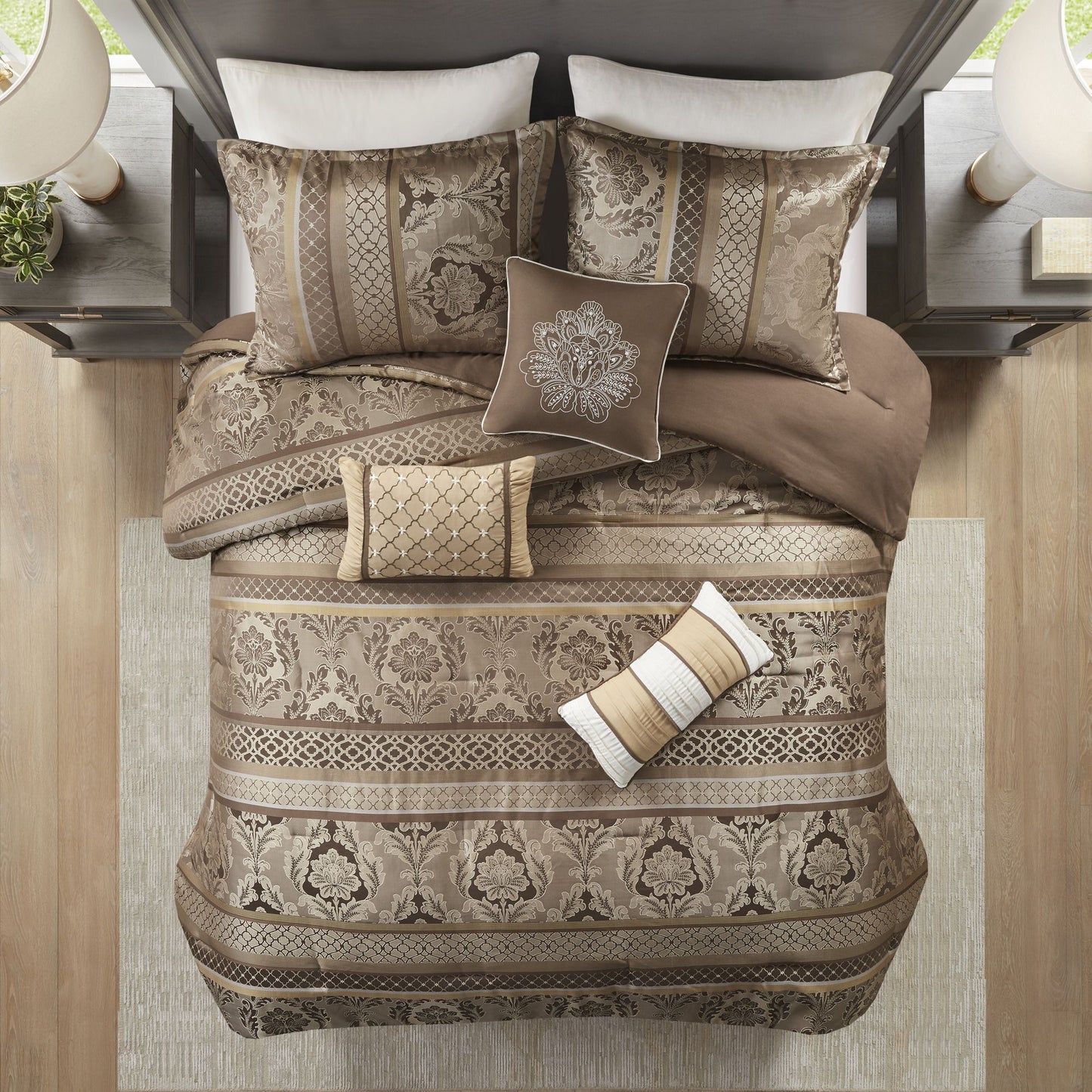 Brown-Gold 7 Piece Jacquard Comforter Set