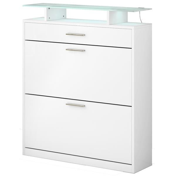Slim Entryway Organizer with 2 Flip Drawers, Tempered Glass Top Shoe Storage Cabinet with Drawer