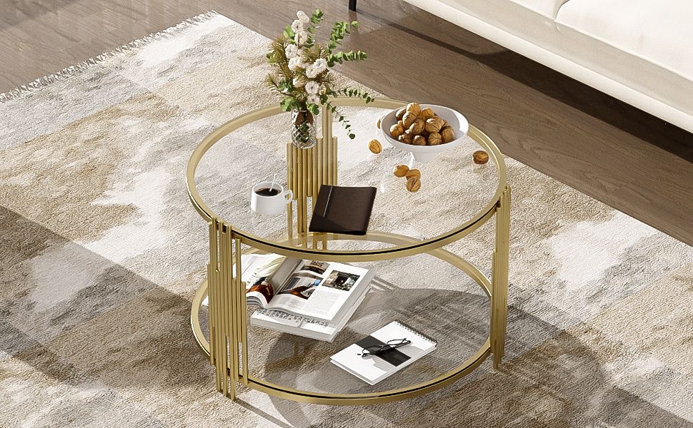 Modern Glass Coffee Table in 31.5", Asymmetrical Metal