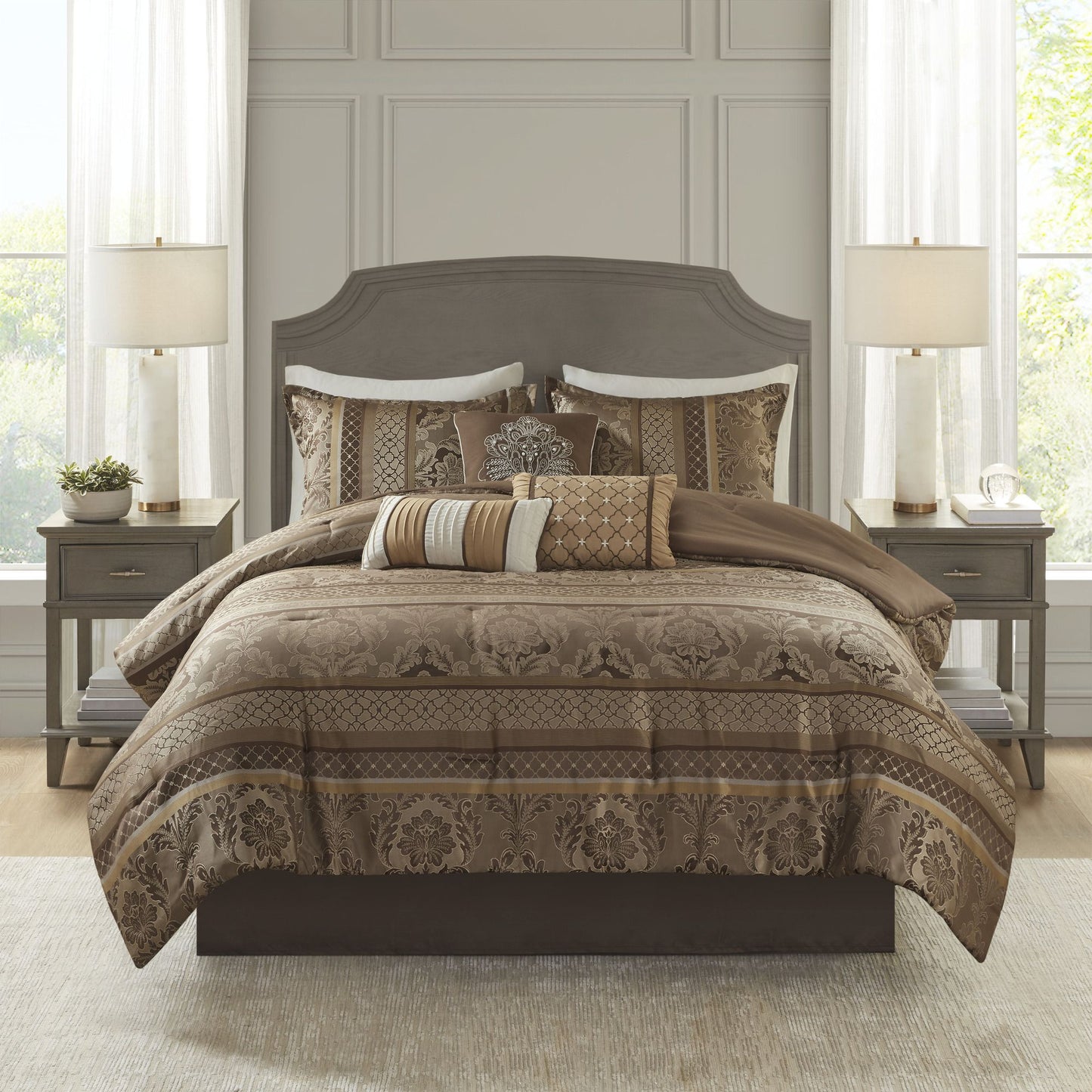 Brown-Gold 7 Piece Jacquard Comforter Set