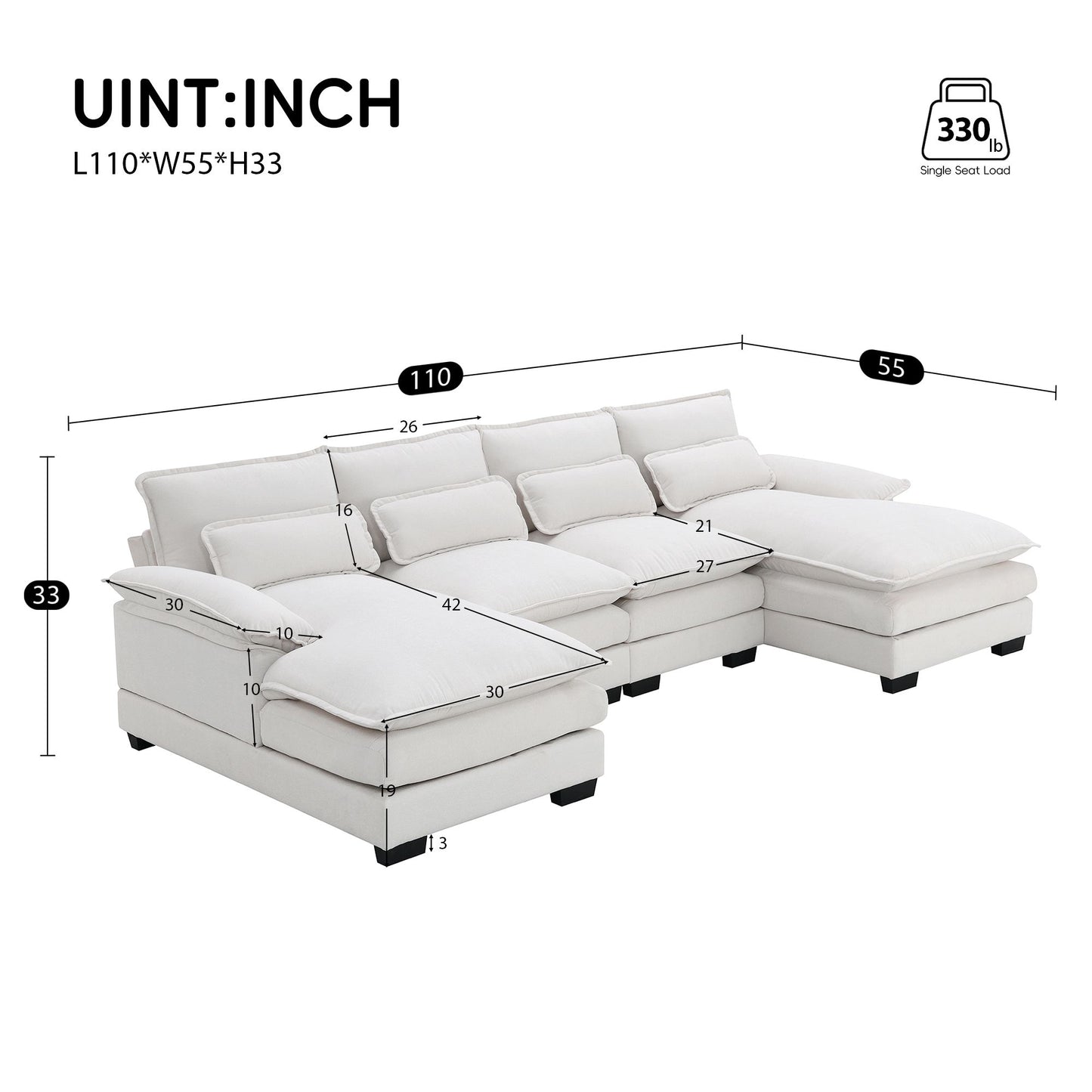 White Modern U-shaped Sectional Sofa with Waist Pillows,6-seat Upholstered Symmetrical Sofa