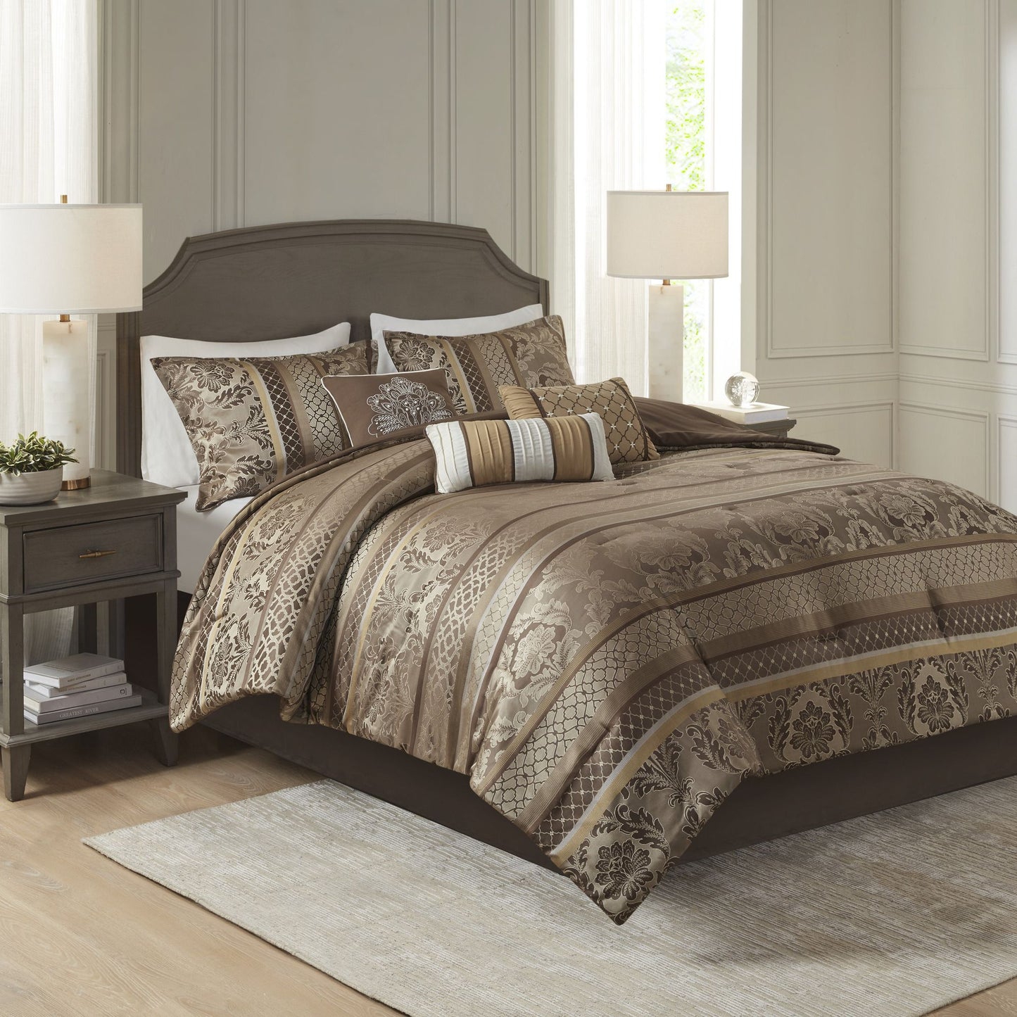 Brown-Gold 7 Piece Jacquard Comforter Set
