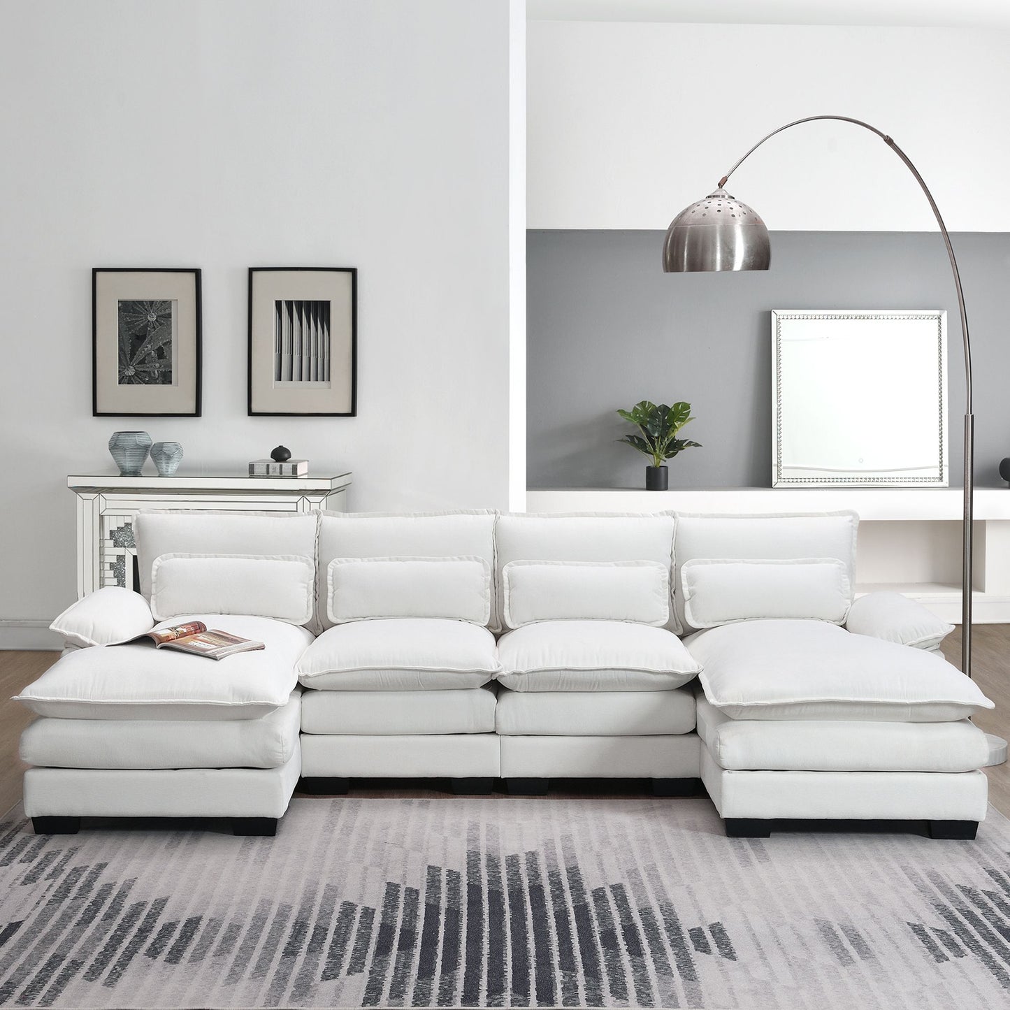 White Modern U-shaped Sectional Sofa with Waist Pillows,6-seat Upholstered Symmetrical Sofa