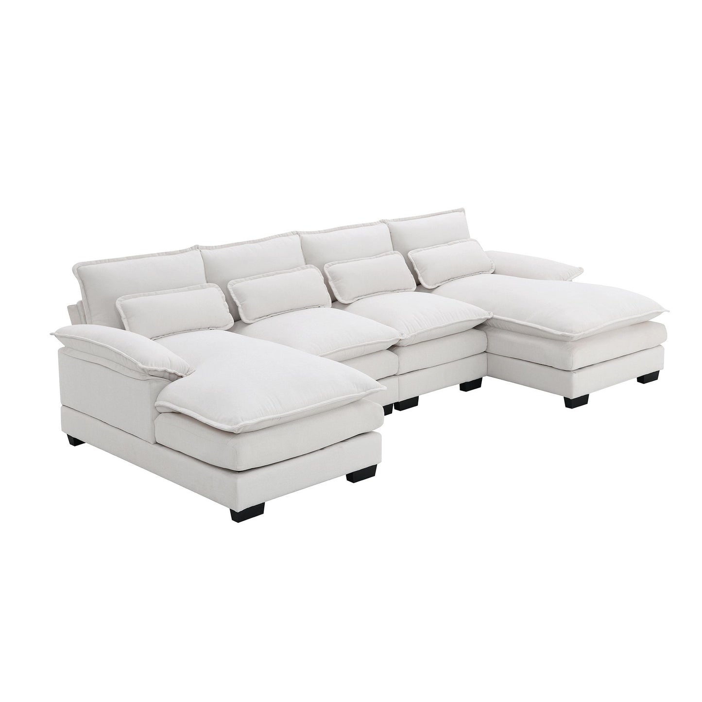 White Modern U-shaped Sectional Sofa with Waist Pillows,6-seat Upholstered Symmetrical Sofa