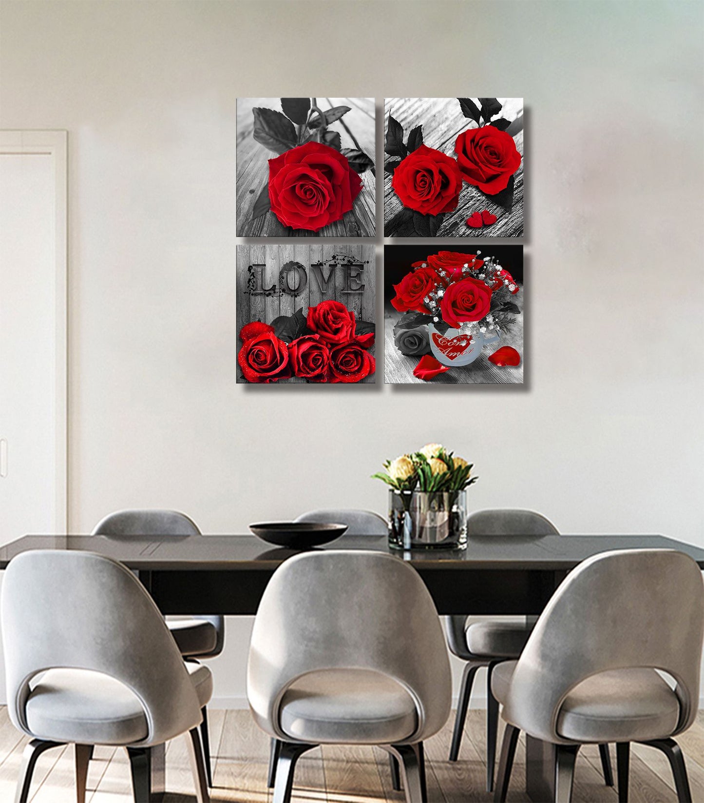 Red Rose Canvas, 4 Pieces