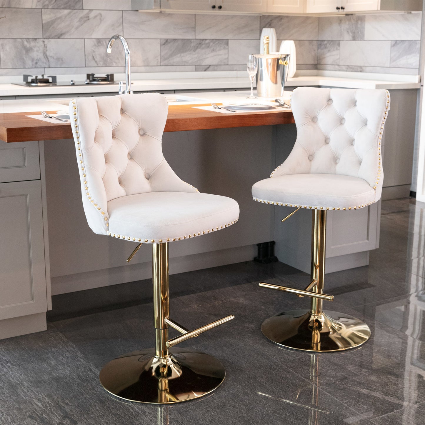 Beige Golden Swivel Velvet Barstools, Set of 2)