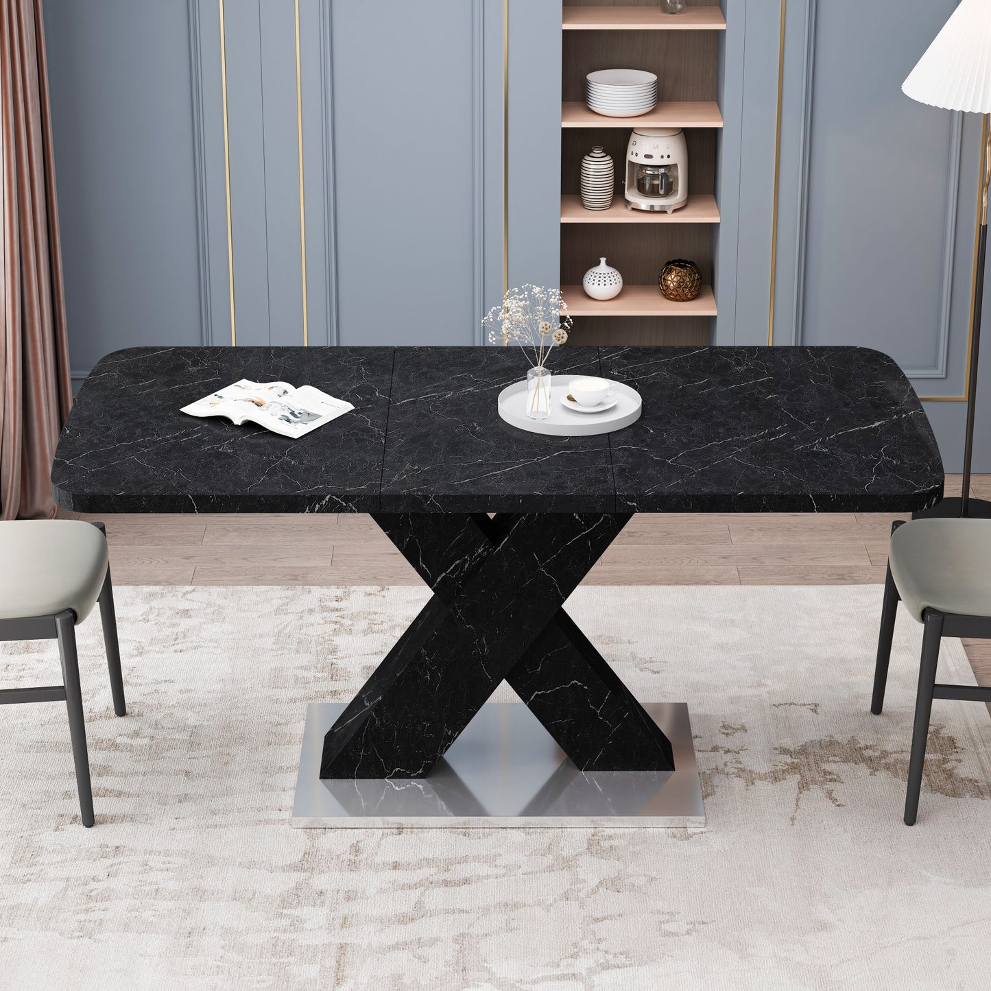 Black Marble Modern Square Dining Table. Metal Base
