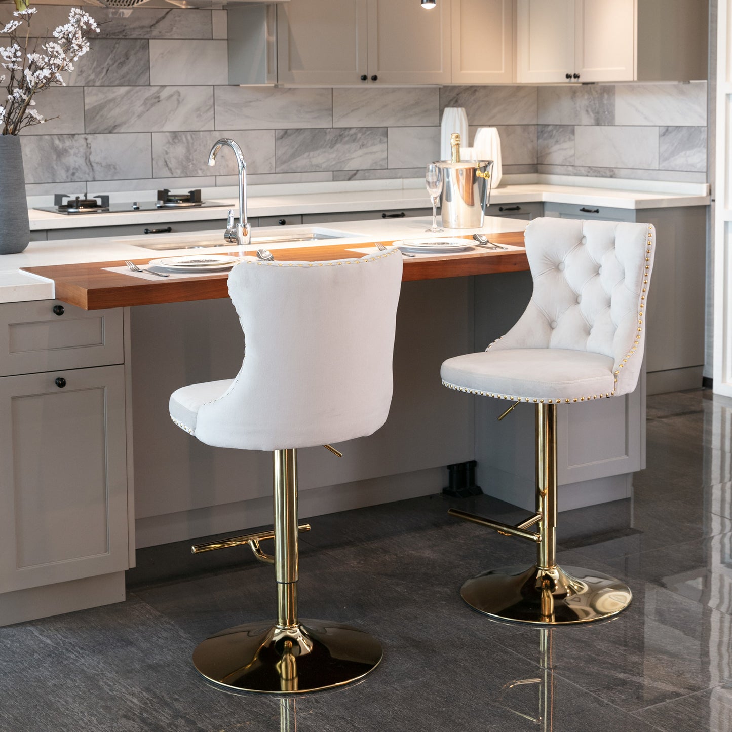 Beige Golden Swivel Velvet Barstools, Set of 2)