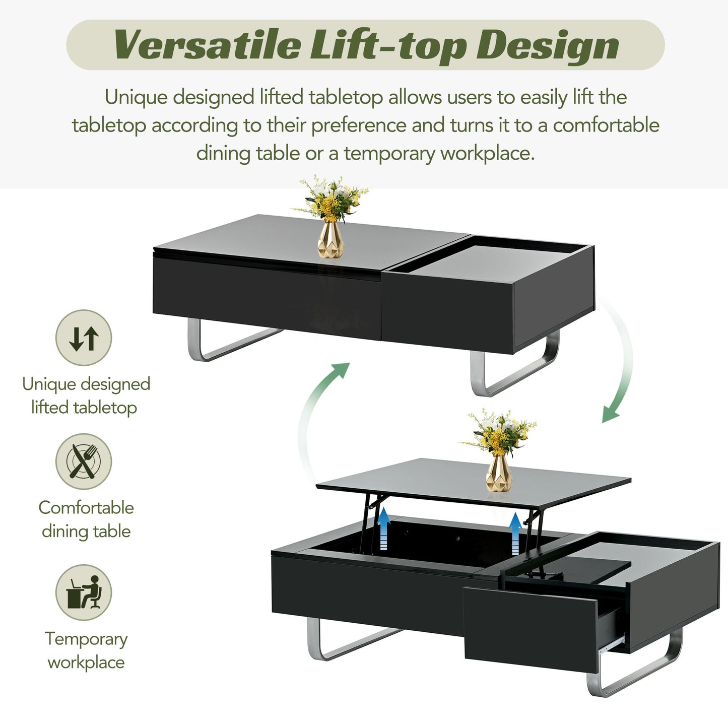 Multi-functional Coffee Table with Lifted Tabletop, Contemporary Cocktail Table