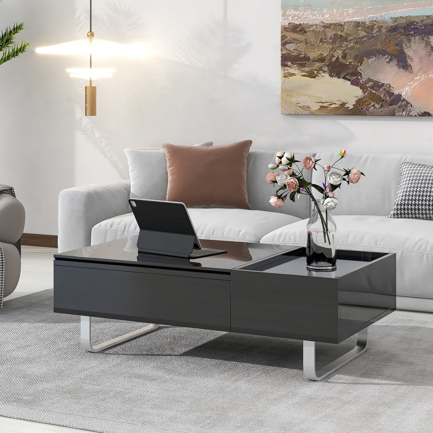 Multi-functional Coffee Table with Lifted Tabletop, Contemporary Cocktail Table