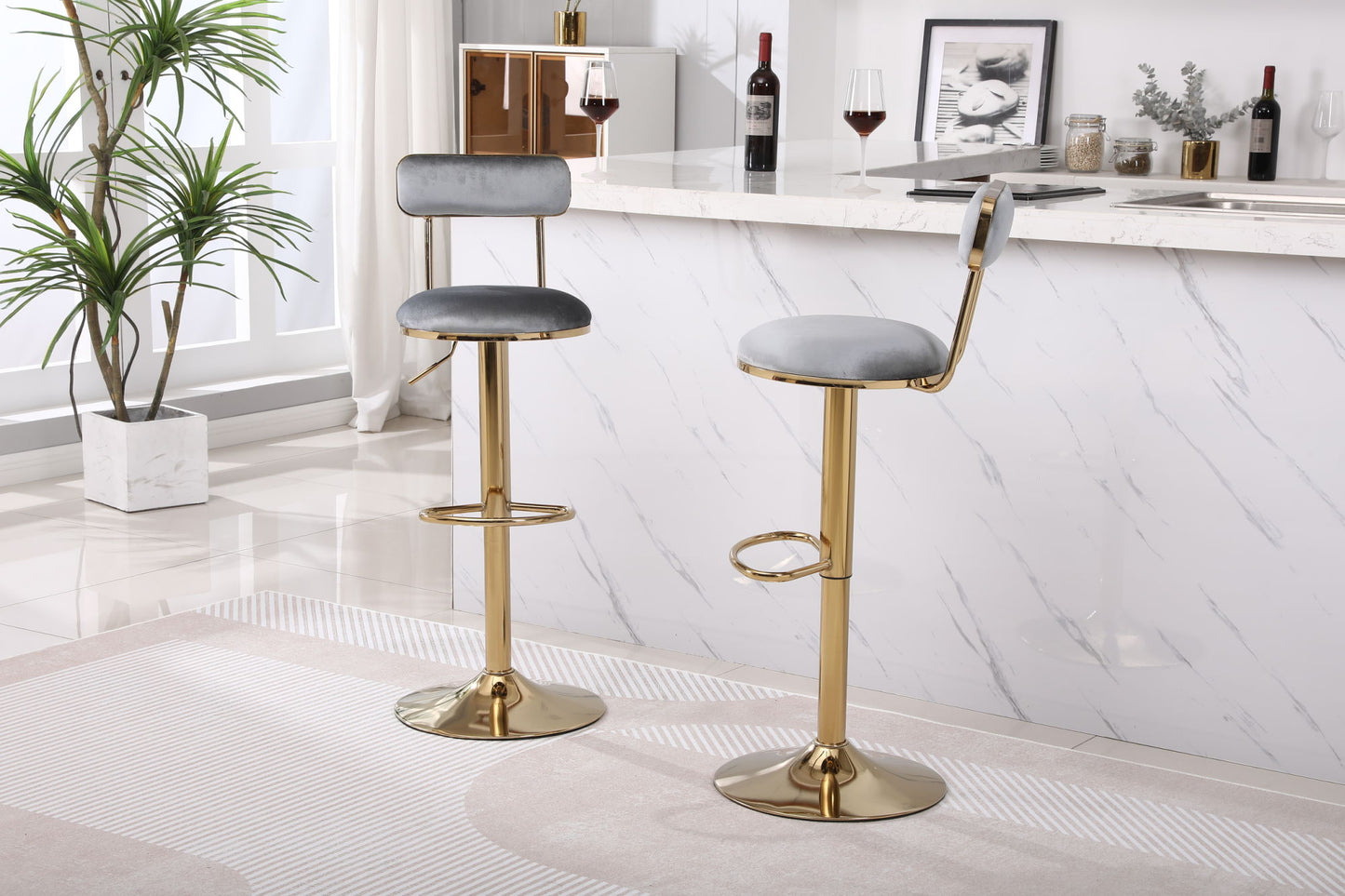 Grey Bar Stools with Back and Footrest Counter Height Dining Chairs 2pcs