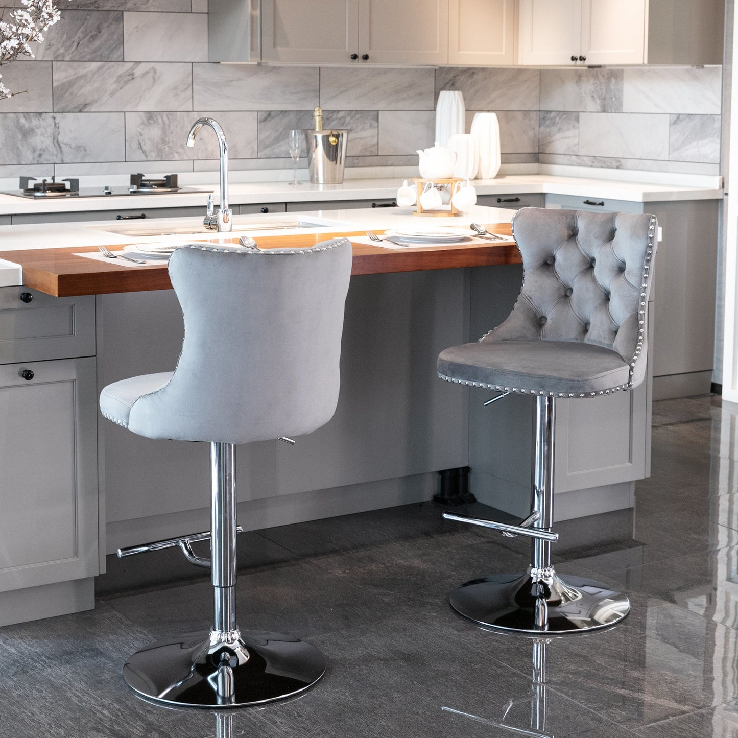 Grey Swivel Velvet Barstools, Chrome base