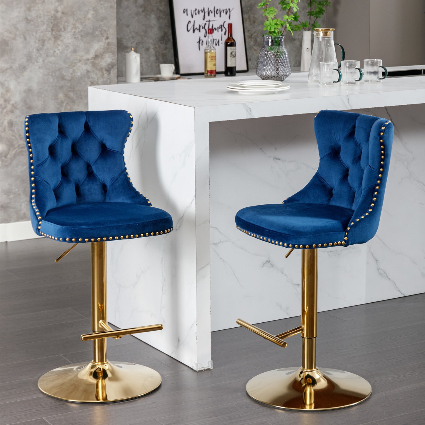 Blue Golden Swivel Velvet Barstools, Set of 2