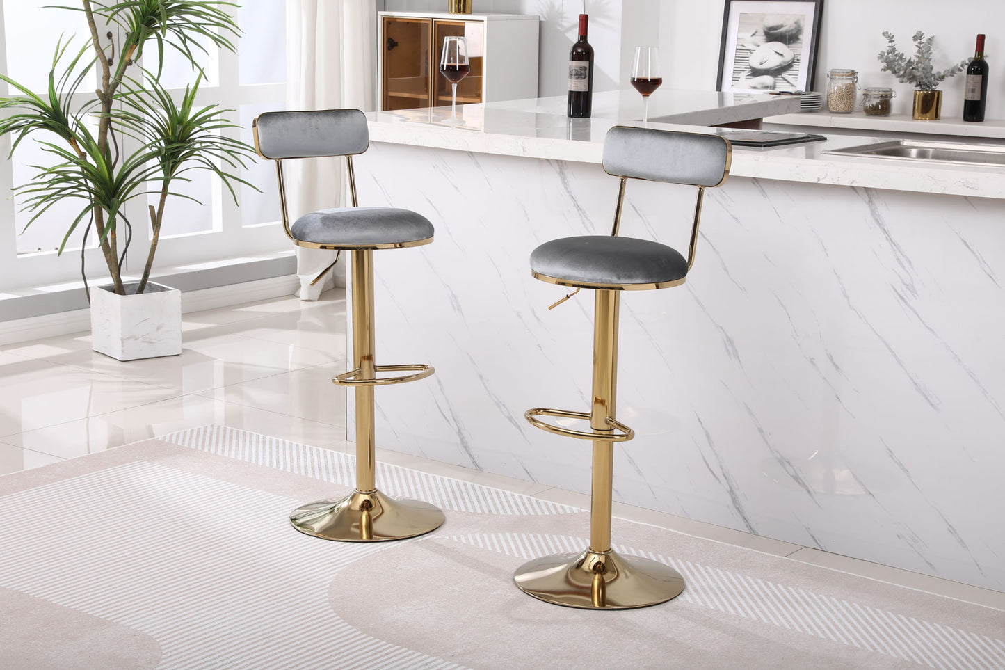Grey Bar Stools with Back and Footrest Counter Height Dining Chairs 2pcs