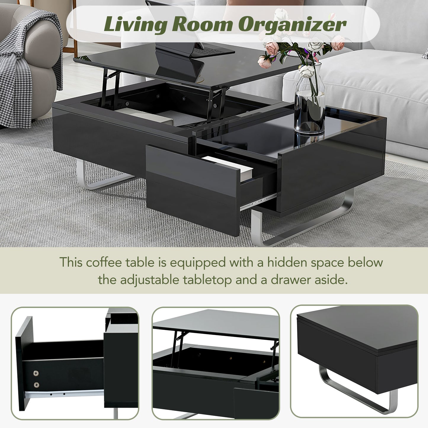 Multi-functional Coffee Table with Lifted Tabletop, Contemporary Cocktail Table