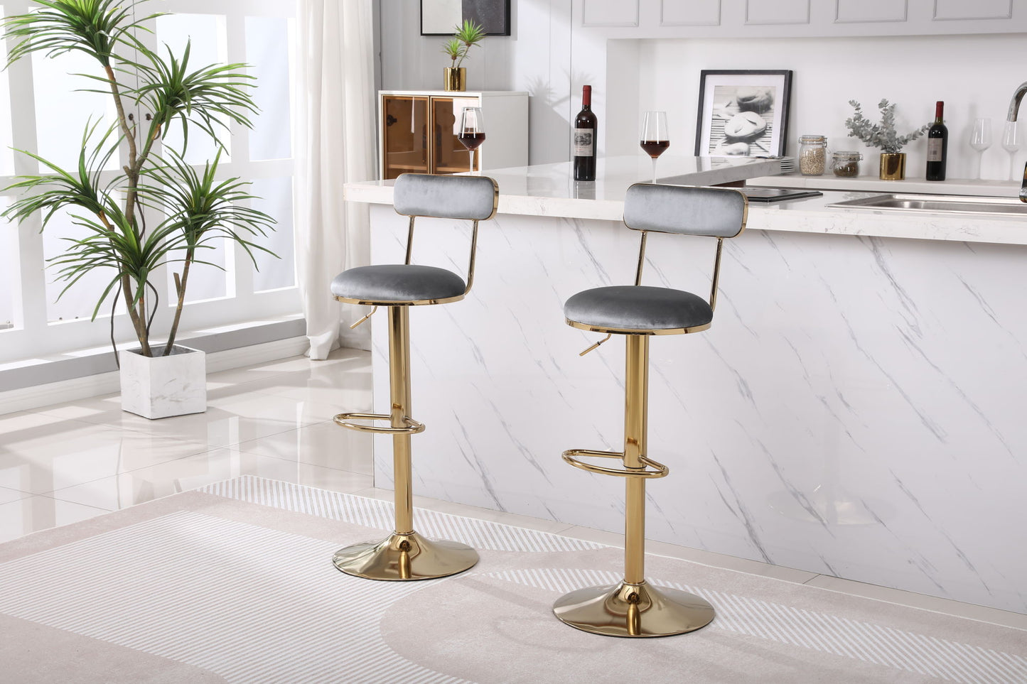Grey Bar Stools with Back and Footrest Counter Height Dining Chairs 2pcs