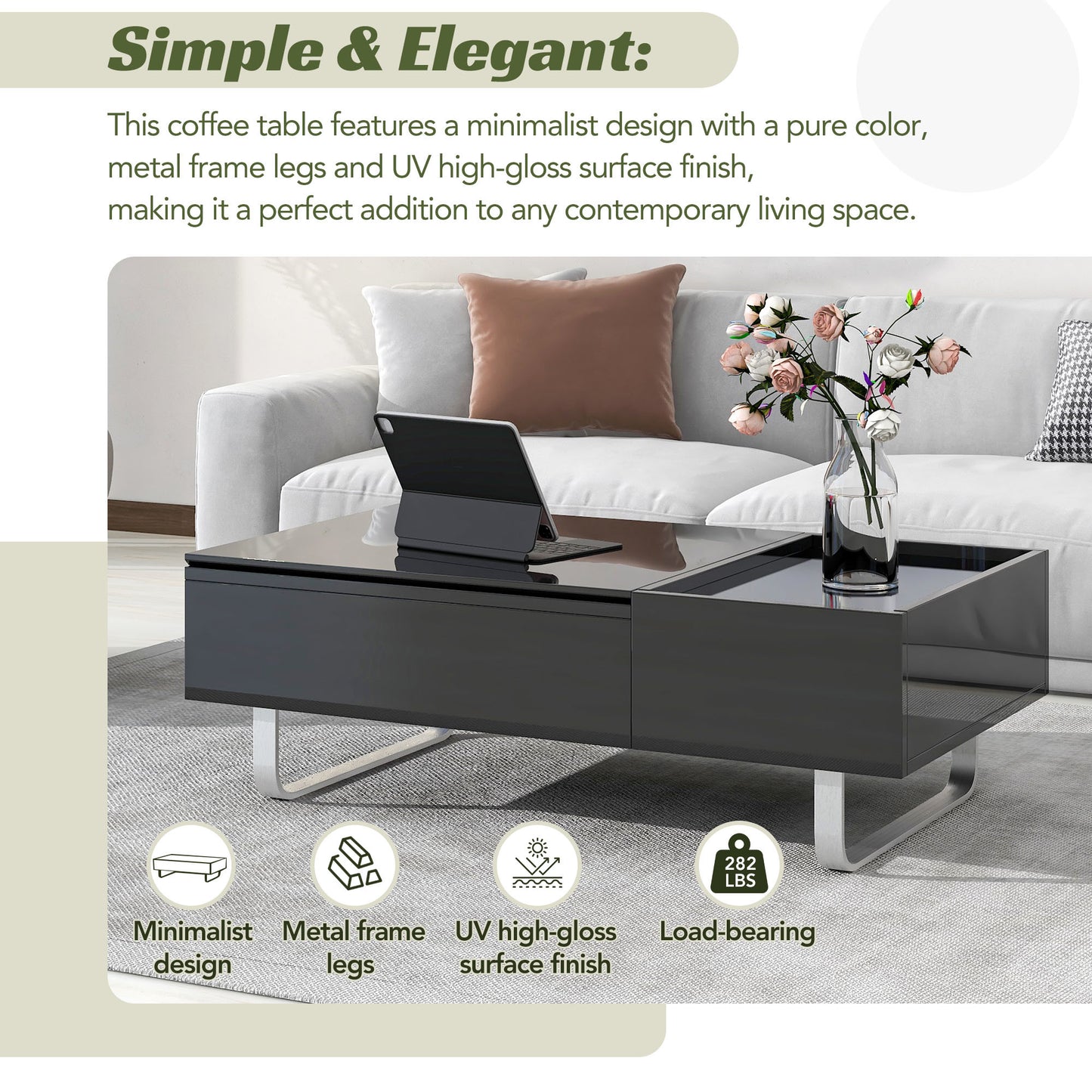 Multi-functional Coffee Table with Lifted Tabletop, Contemporary Cocktail Table