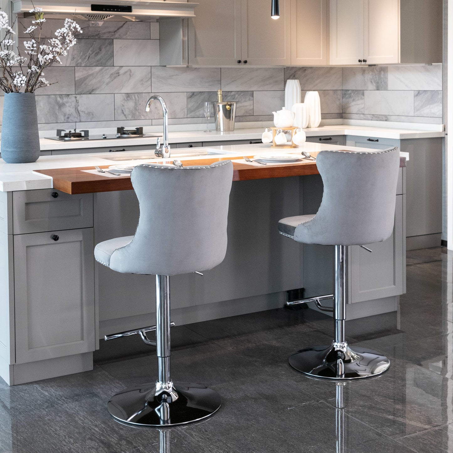 Grey Swivel Velvet Barstools, Chrome base