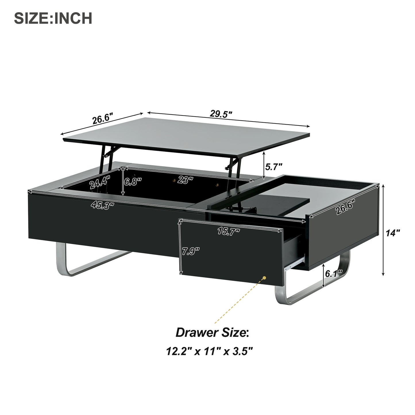 Multi-functional Coffee Table with Lifted Tabletop, Contemporary Cocktail Table