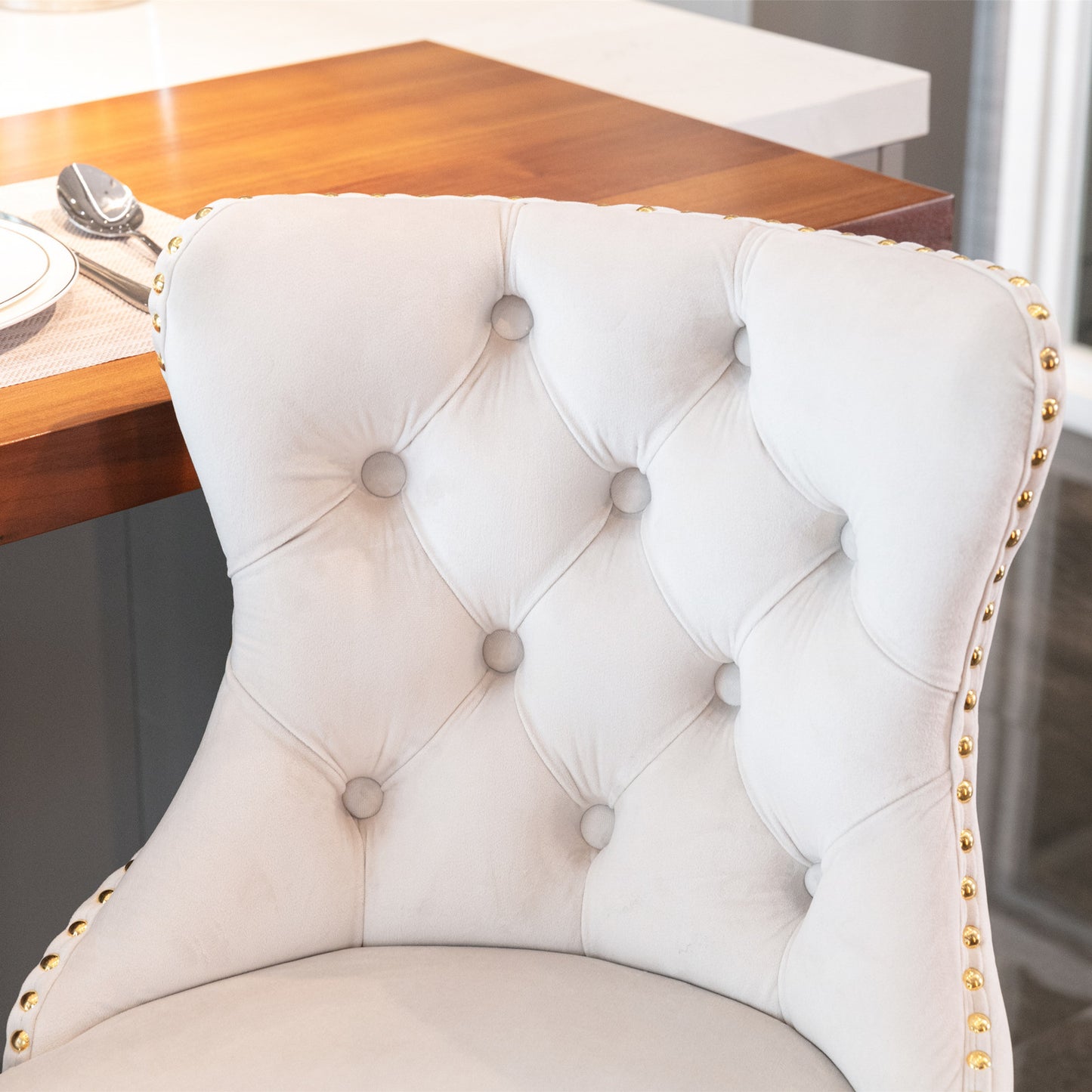 Beige Golden Swivel Velvet Barstools, Set of 2)