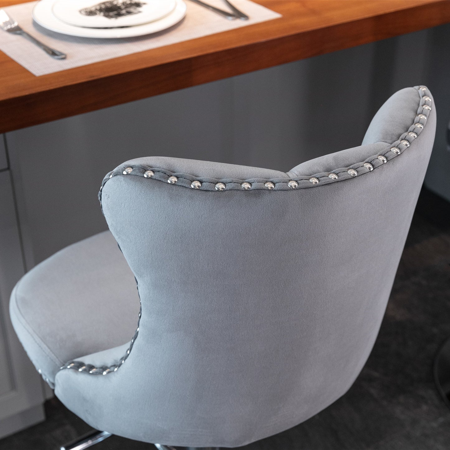 Grey Swivel Velvet Barstools, Chrome base