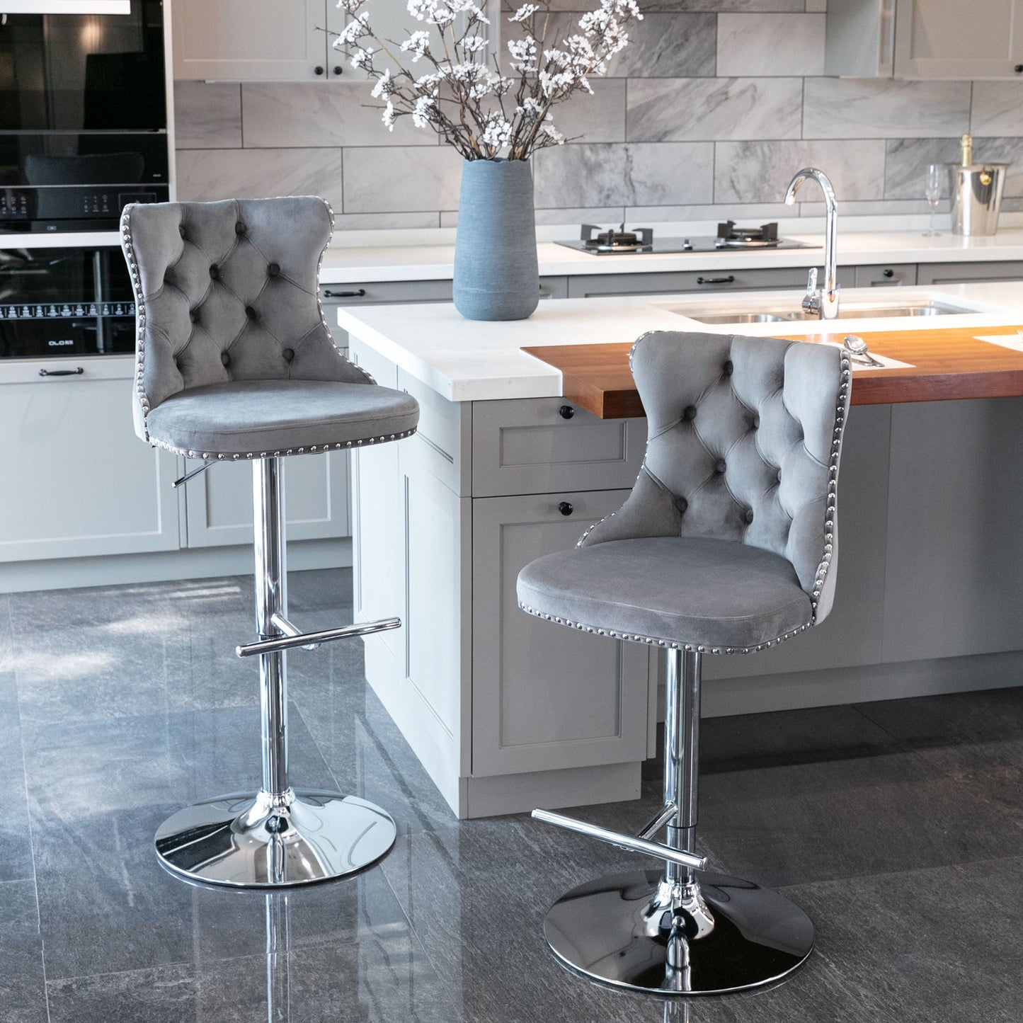 Grey Swivel Velvet Barstools, Chrome base