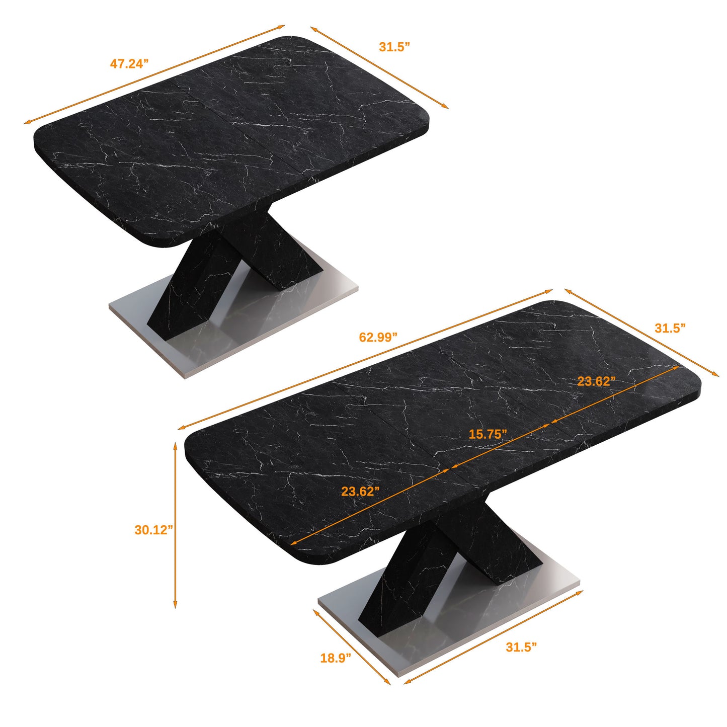 Black Marble Modern Square Dining Table. Metal Base