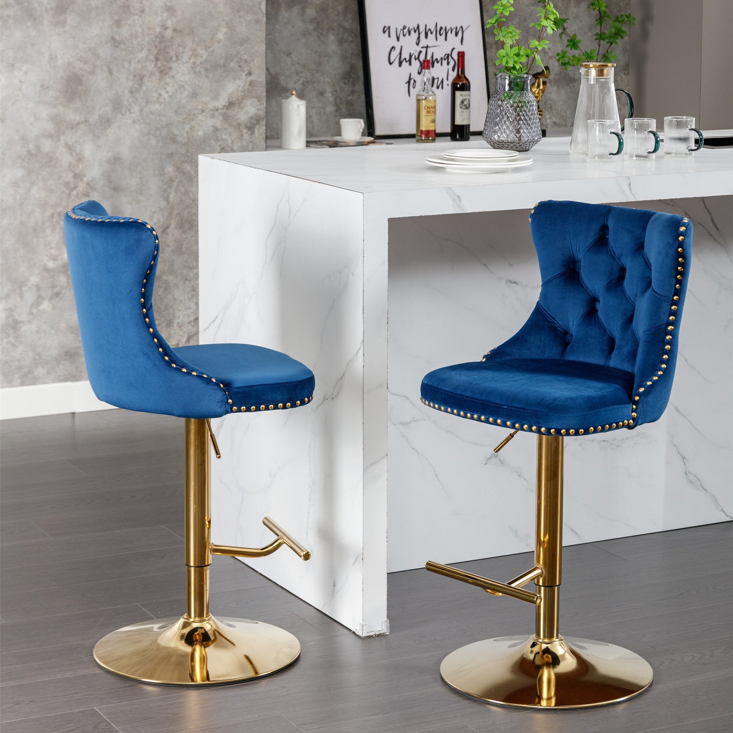Blue Golden Swivel Velvet Barstools, Set of 2