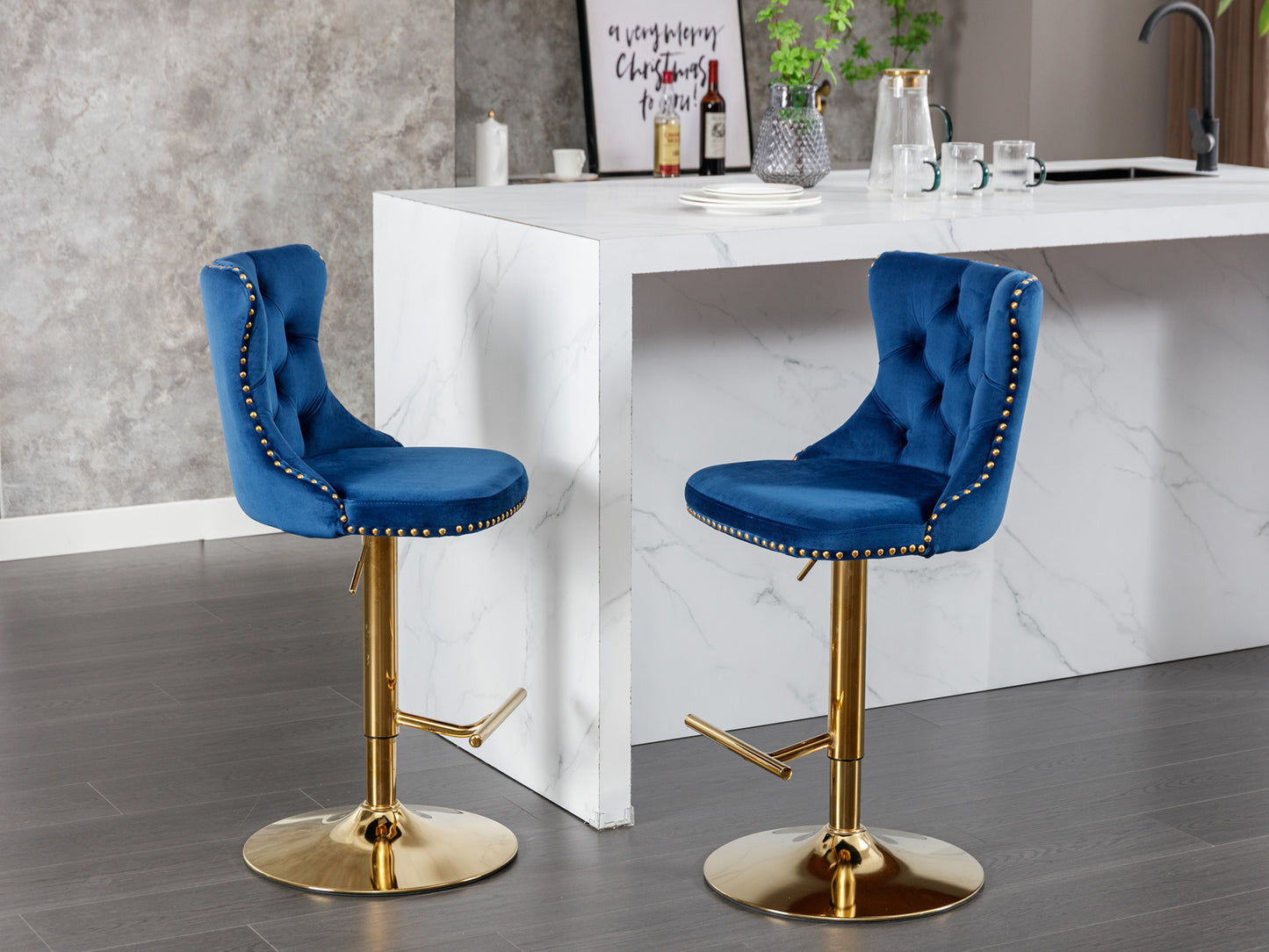 Blue Golden Swivel Velvet Barstools, Set of 2