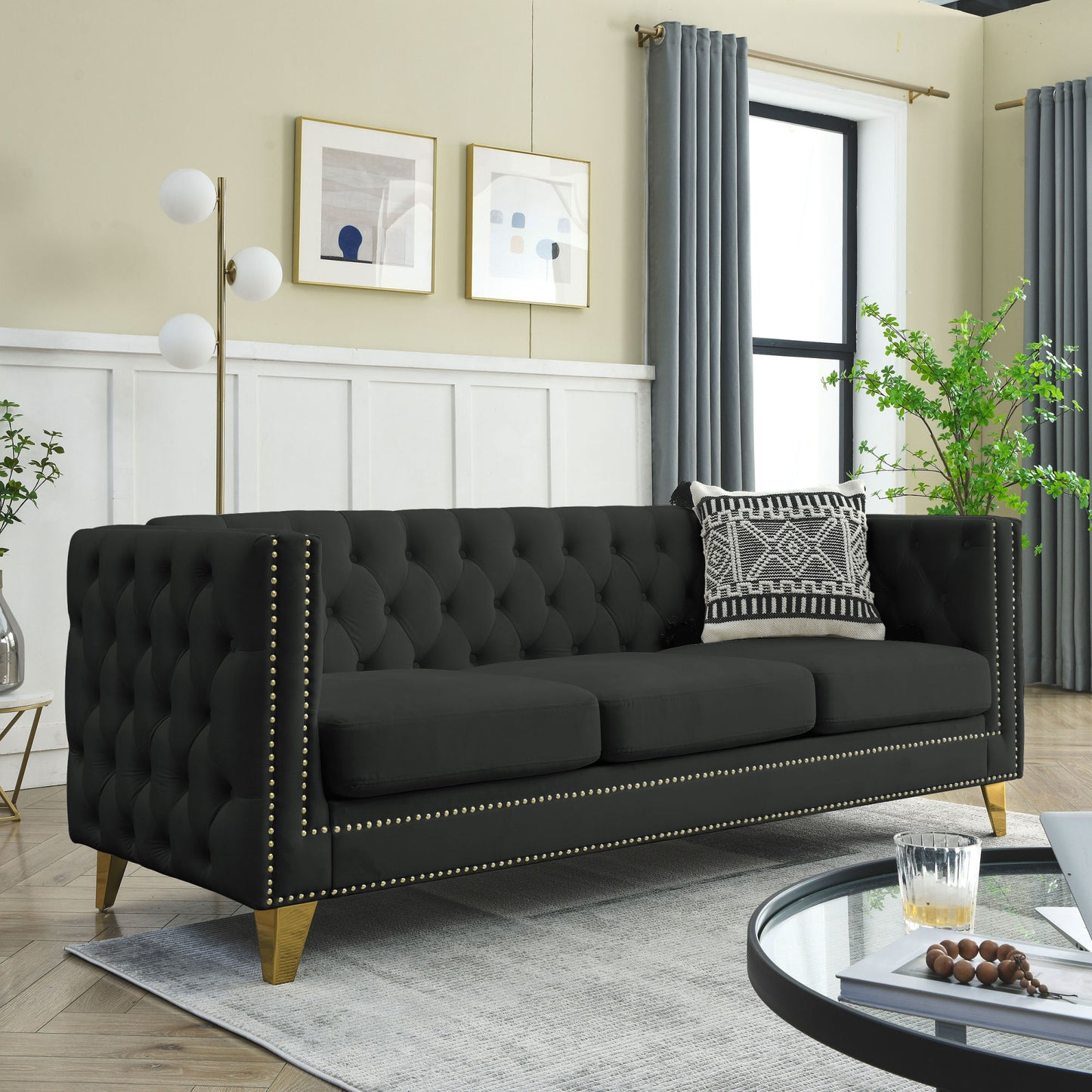 Black Velvet Tufted Sofa