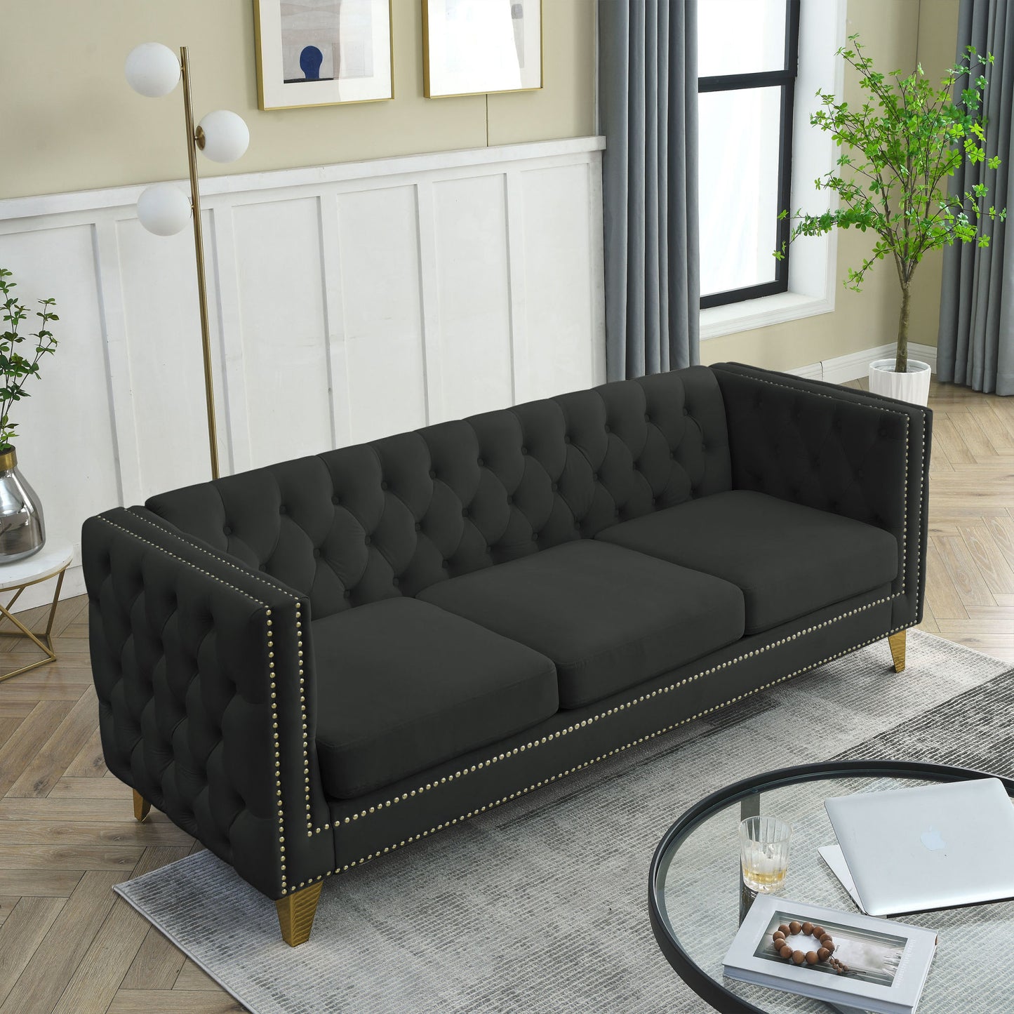 Black Velvet Tufted Sofa