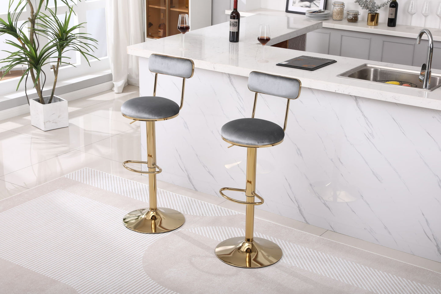Grey Bar Stools with Back and Footrest Counter Height Dining Chairs 2pcs