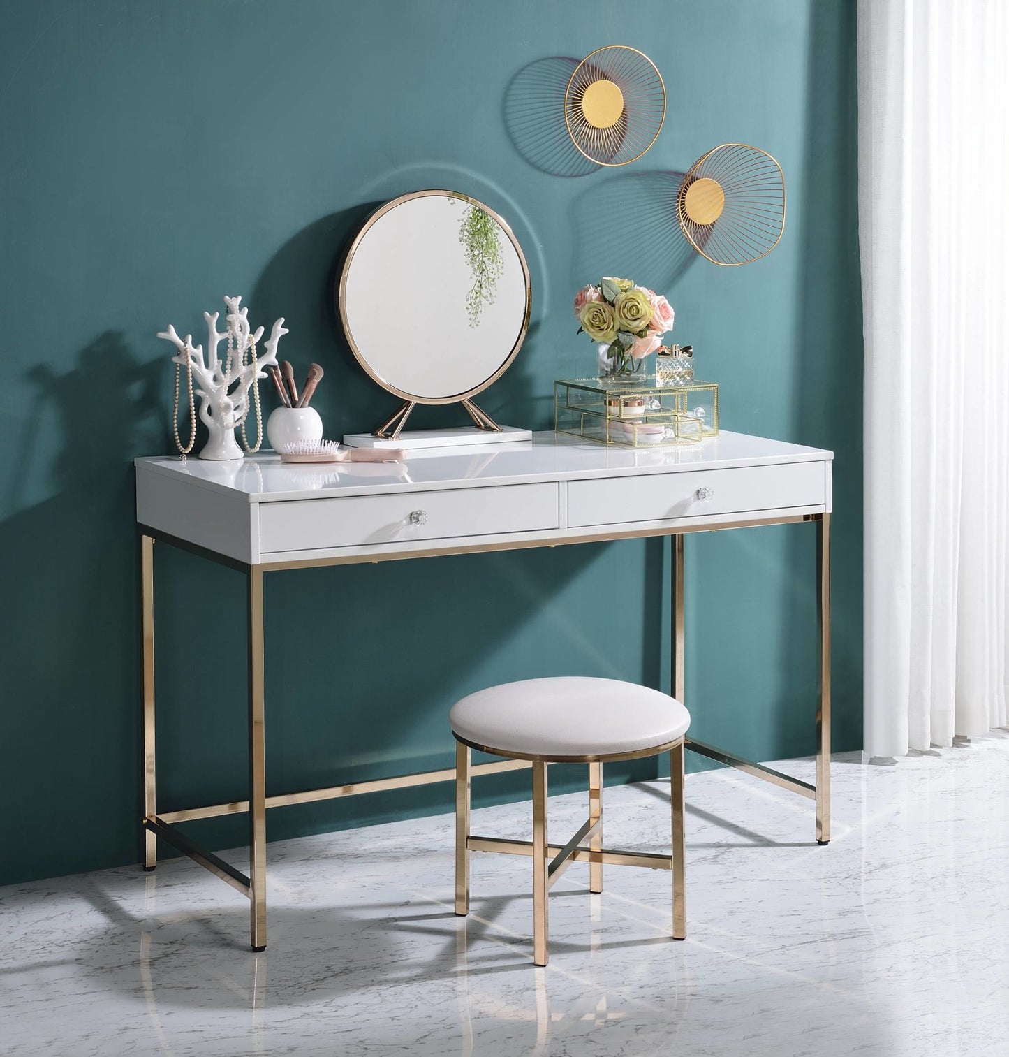 ACME Ottey Vanity Desk in White High Gloss & Gold Finish