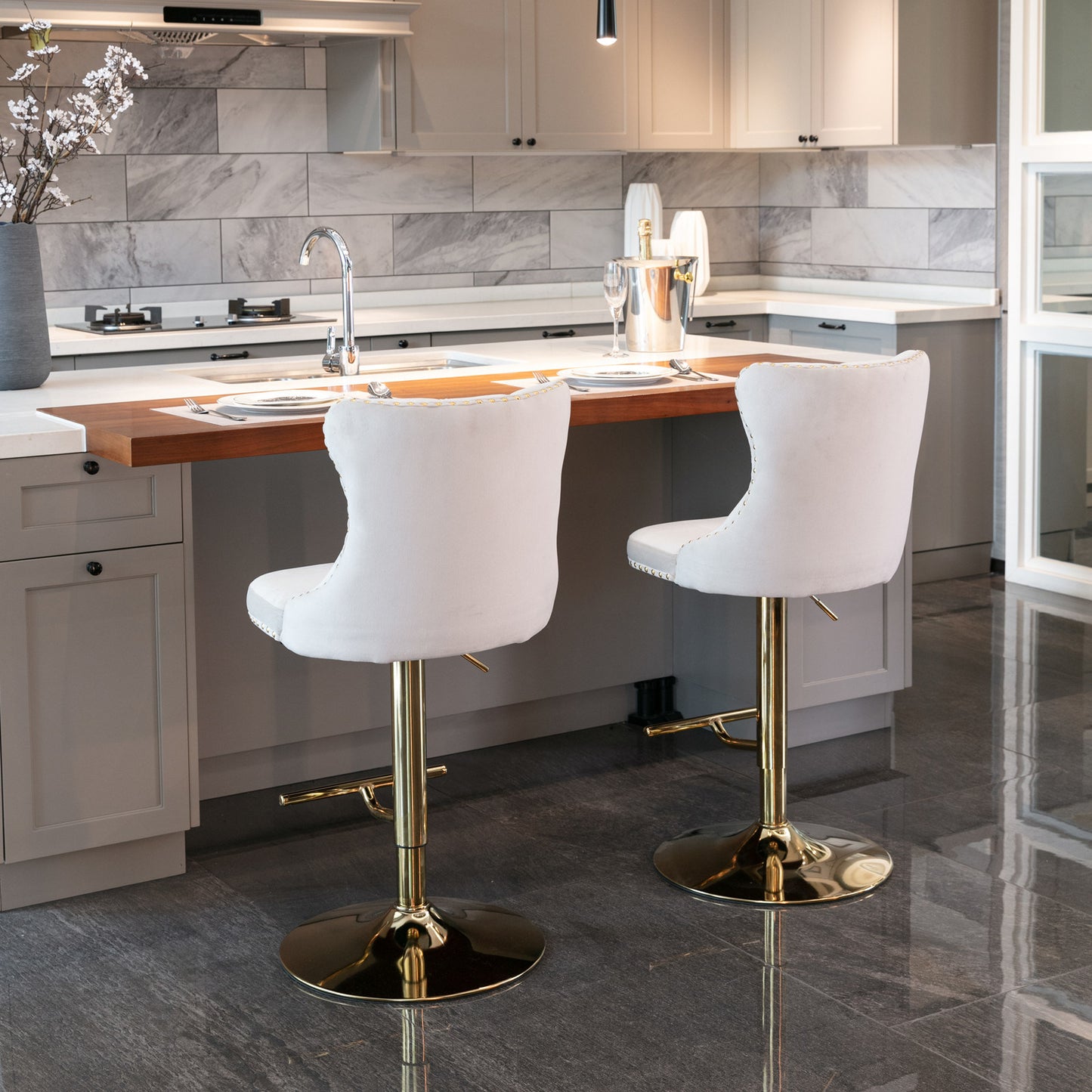 Beige Golden Swivel Velvet Barstools, Set of 2)