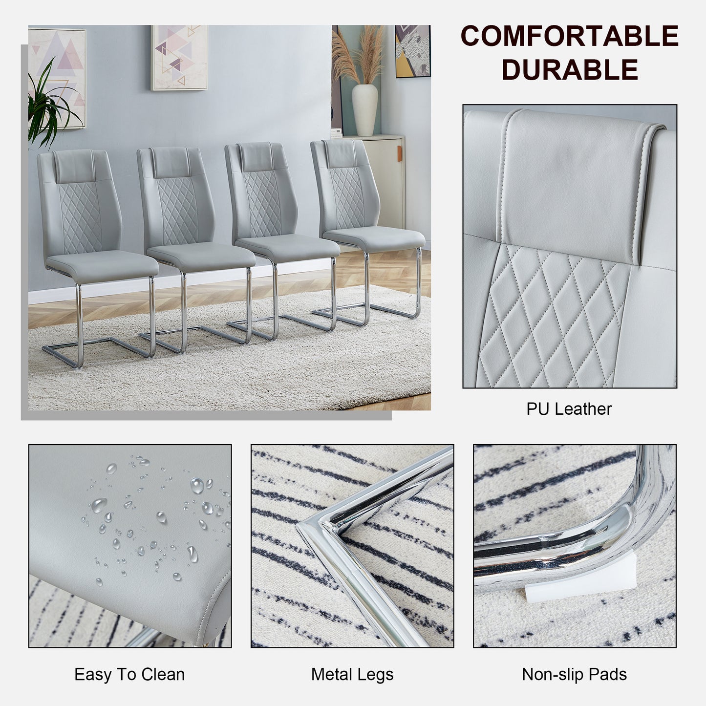 Light Grey Faux Leather Cushioned Chairs, set of 6