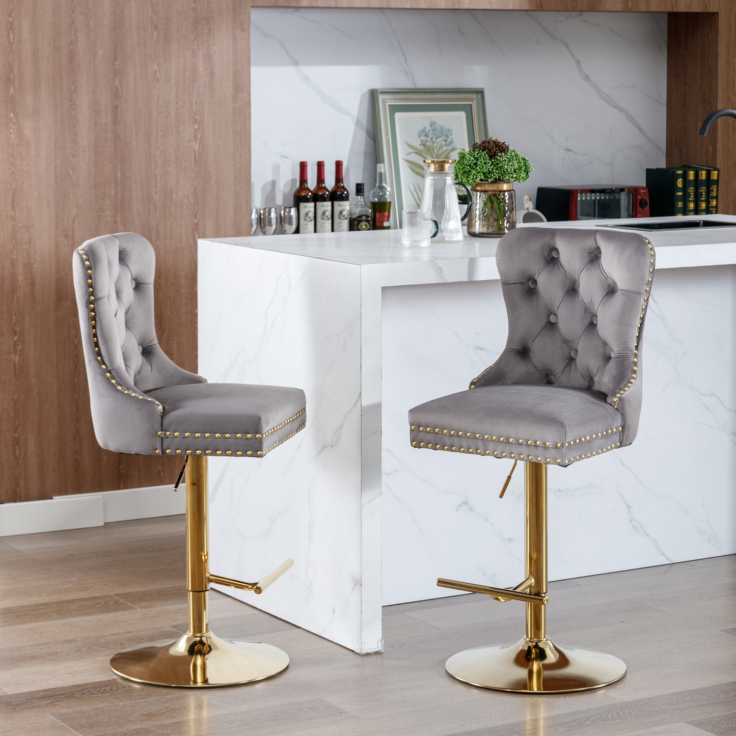 Grey Thick Golden Swivel Velvet Tufted Barstools
