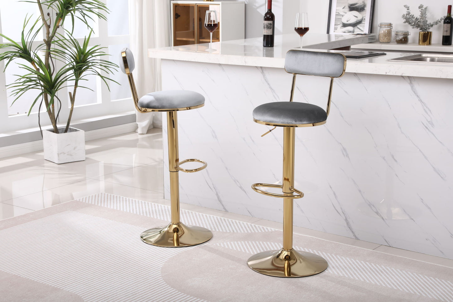 Grey Bar Stools with Back and Footrest Counter Height Dining Chairs 2pcs