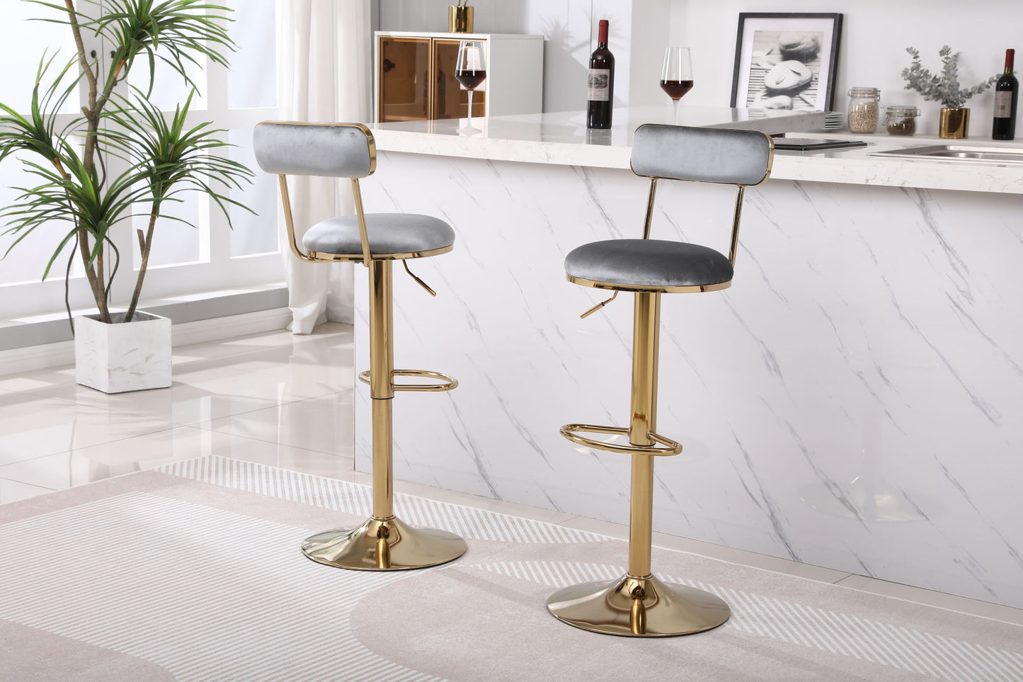 Grey Bar Stools with Back and Footrest Counter Height Dining Chairs 2pcs