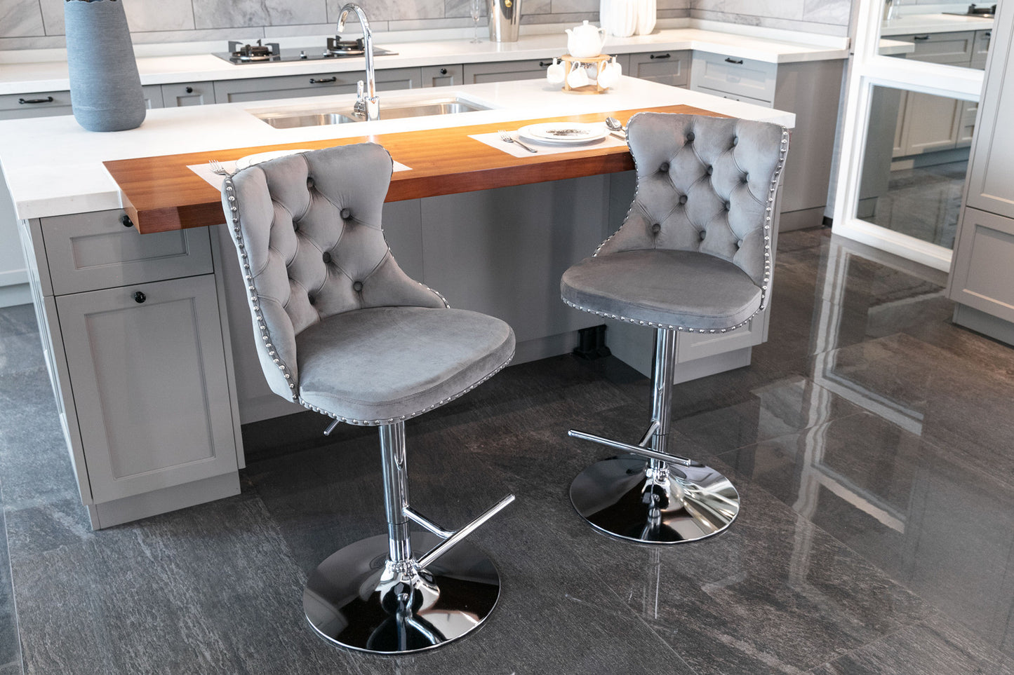 Grey Swivel Velvet Barstools, Chrome base