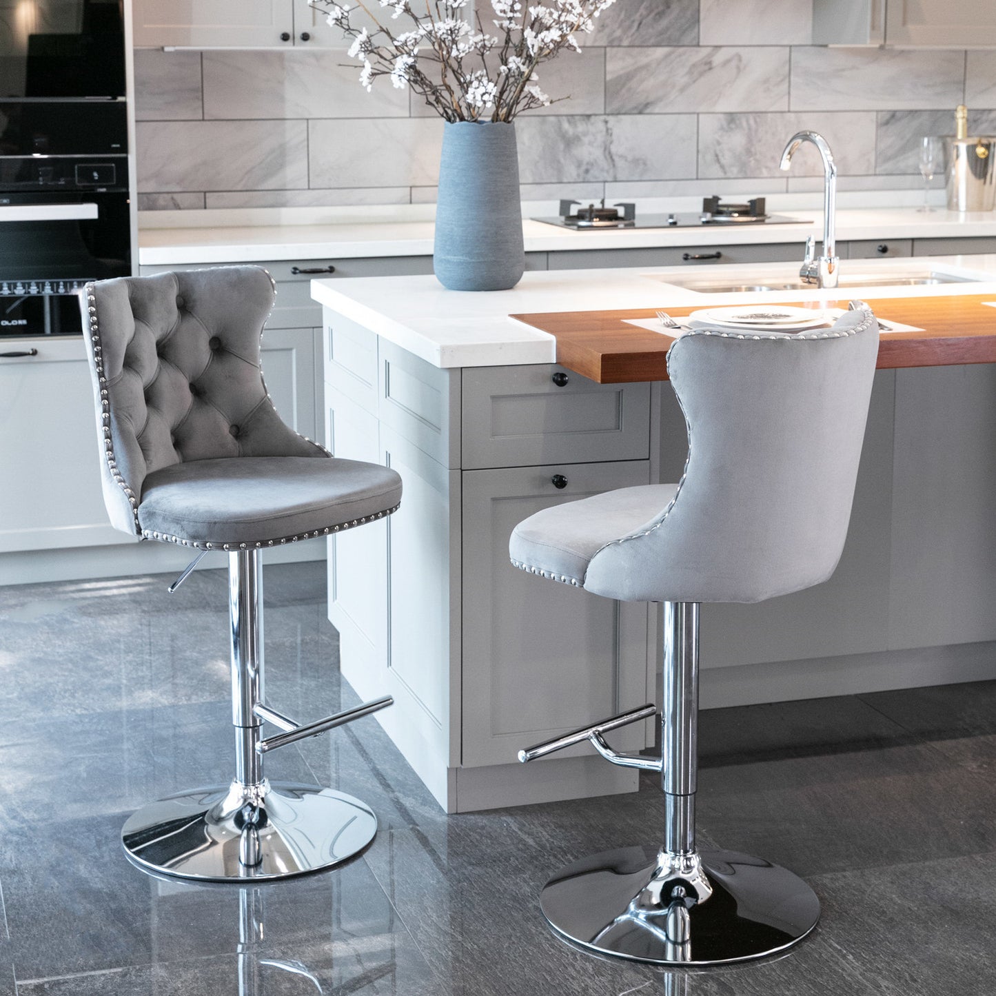Grey Swivel Velvet Barstools, Chrome base
