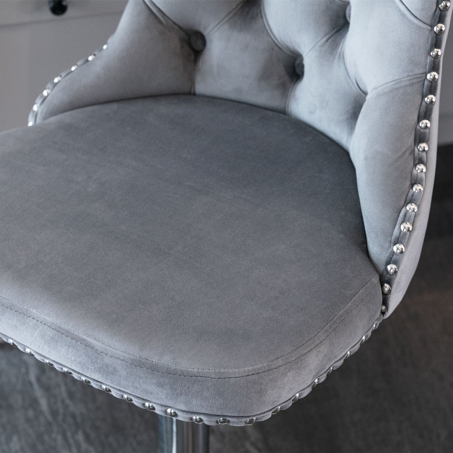 Grey Swivel Velvet Barstools, Chrome base