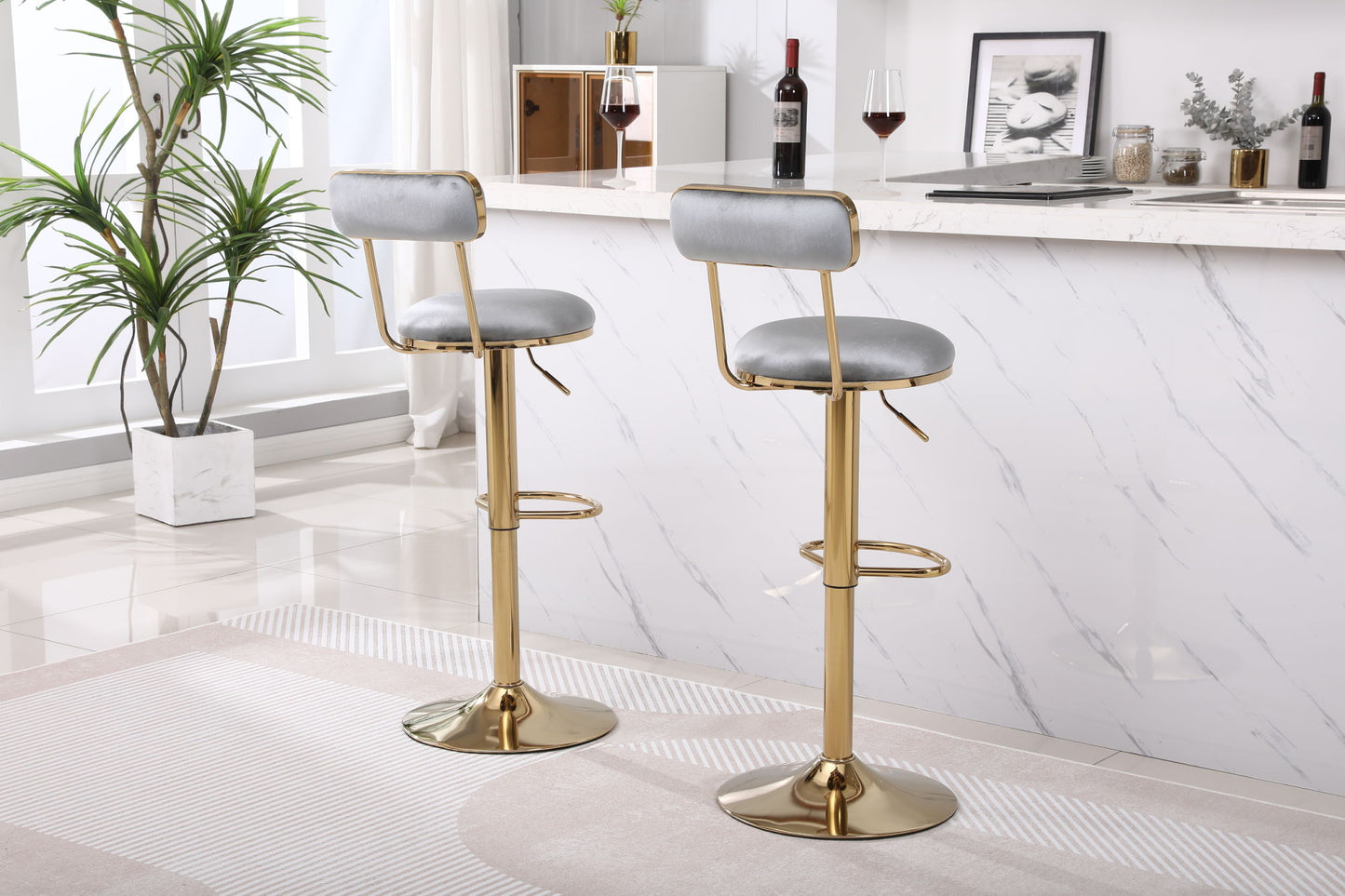 Grey Bar Stools with Back and Footrest Counter Height Dining Chairs 2pcs