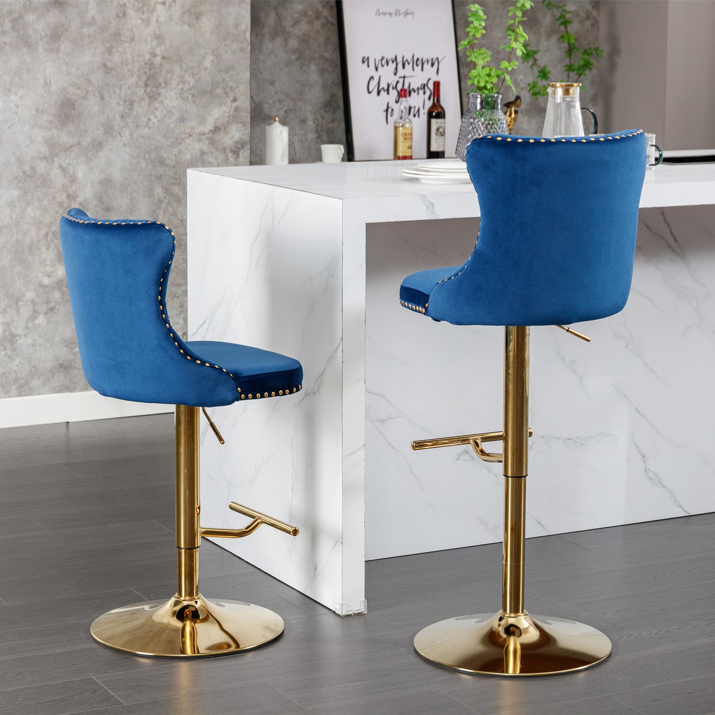 Blue Golden Swivel Velvet Barstools, Set of 2