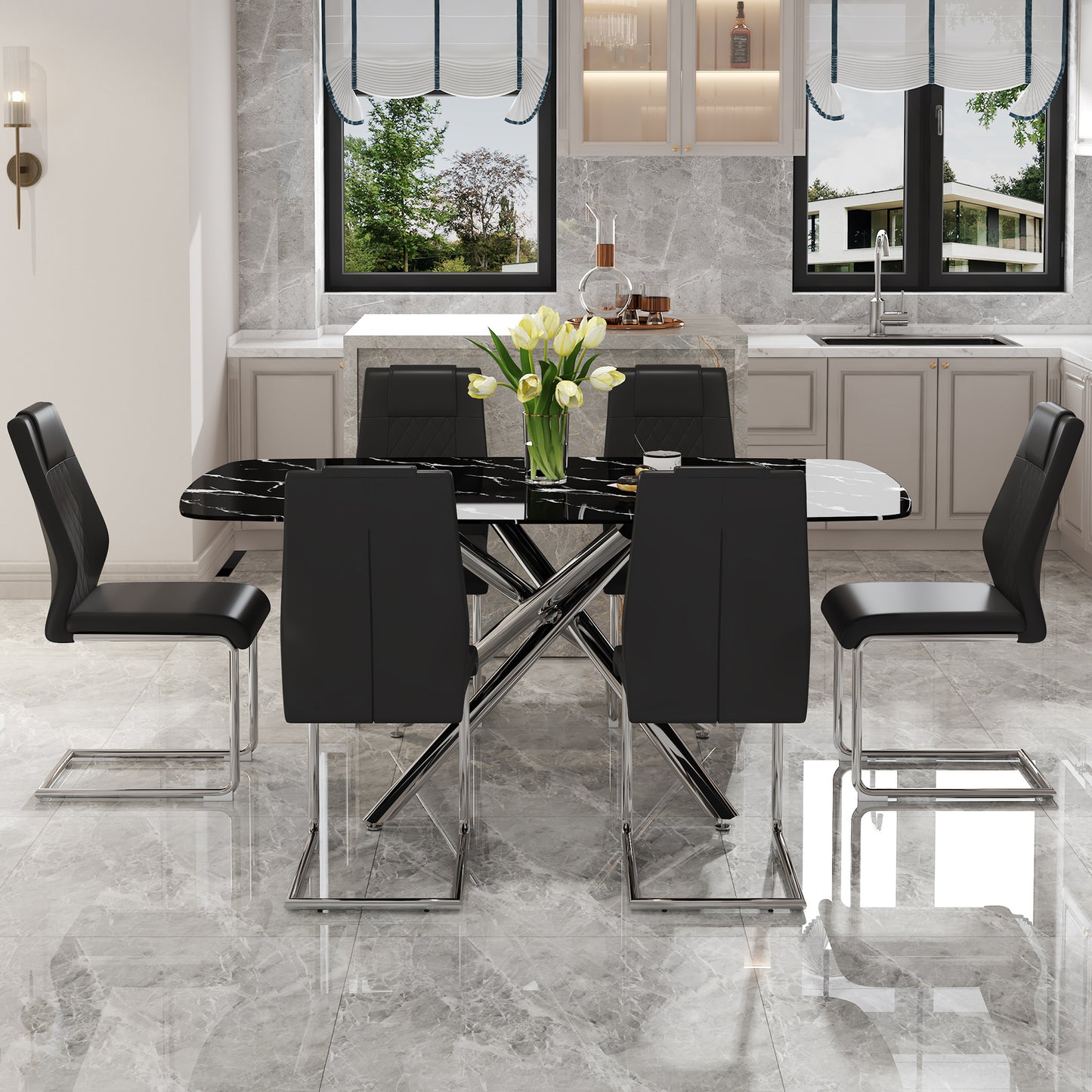 Table and chair set, Modern Rectangular Marble Top