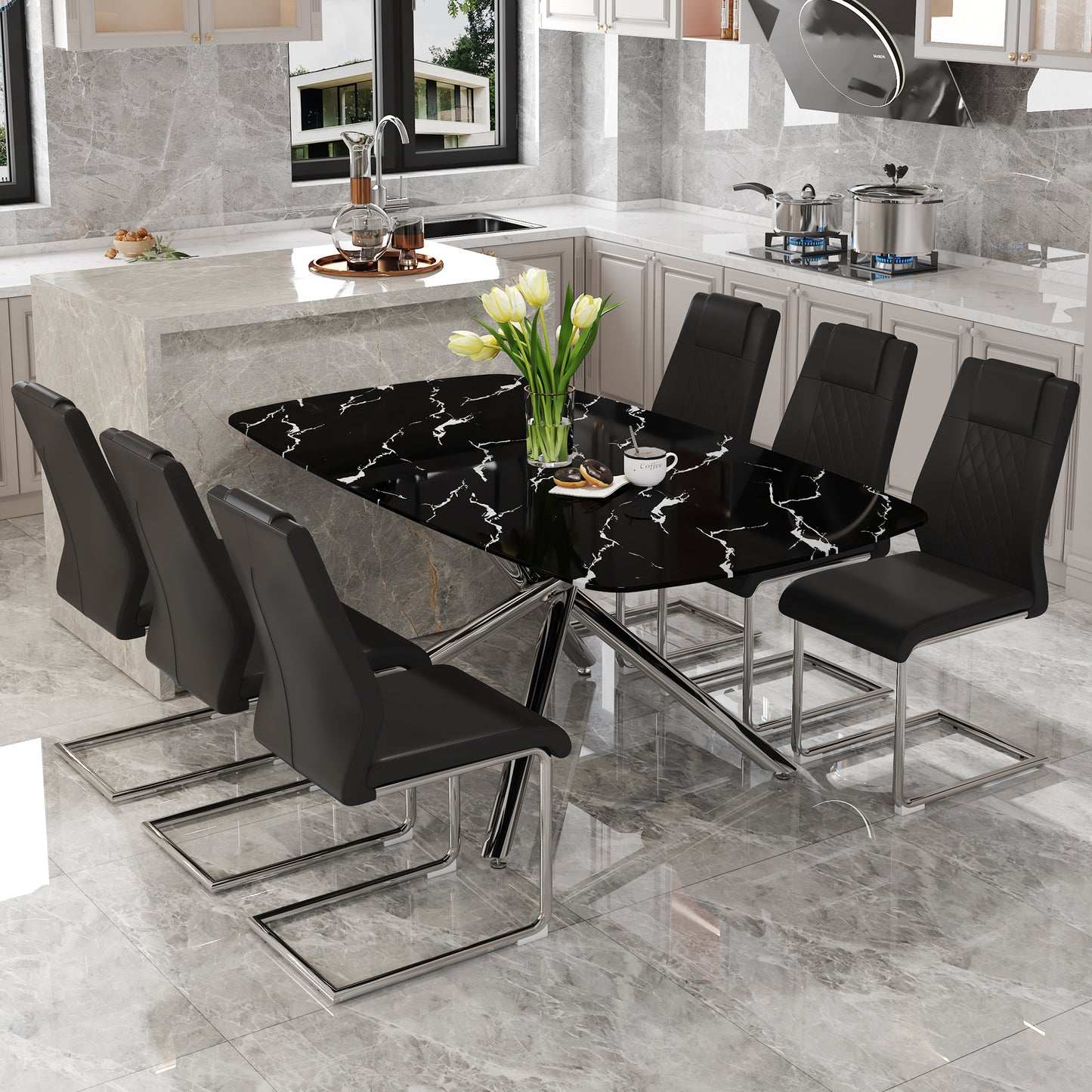 Table and chair set, Modern Rectangular Marble Top