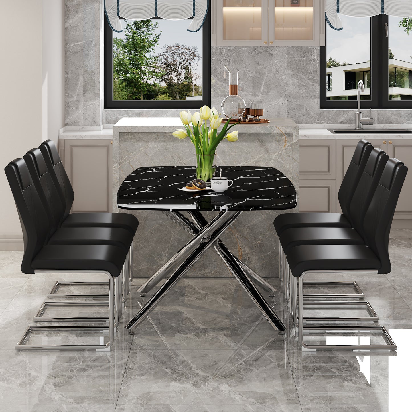 Table and chair set, Modern Rectangular Marble Top