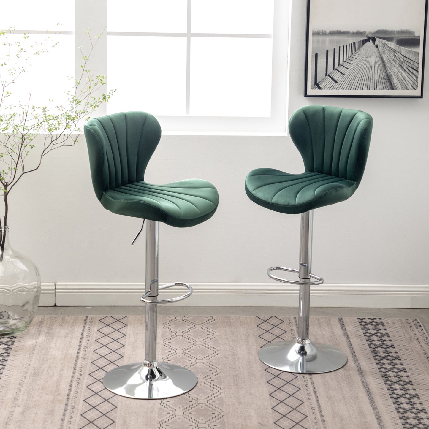 Upholstered Adjustable Swivel Barstools in Green, Set of 2