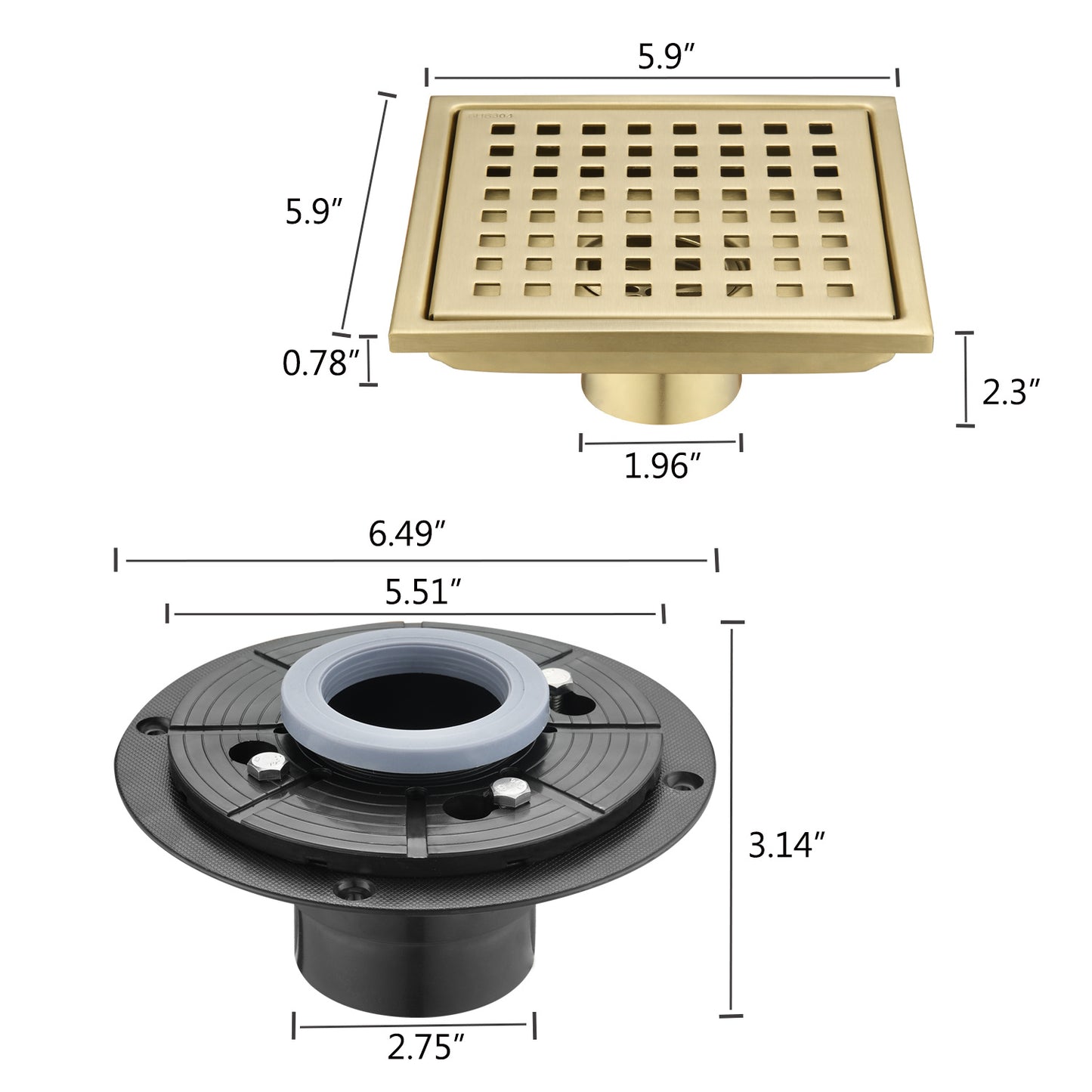 Gold 6 Inch Square Shower Floor Drain